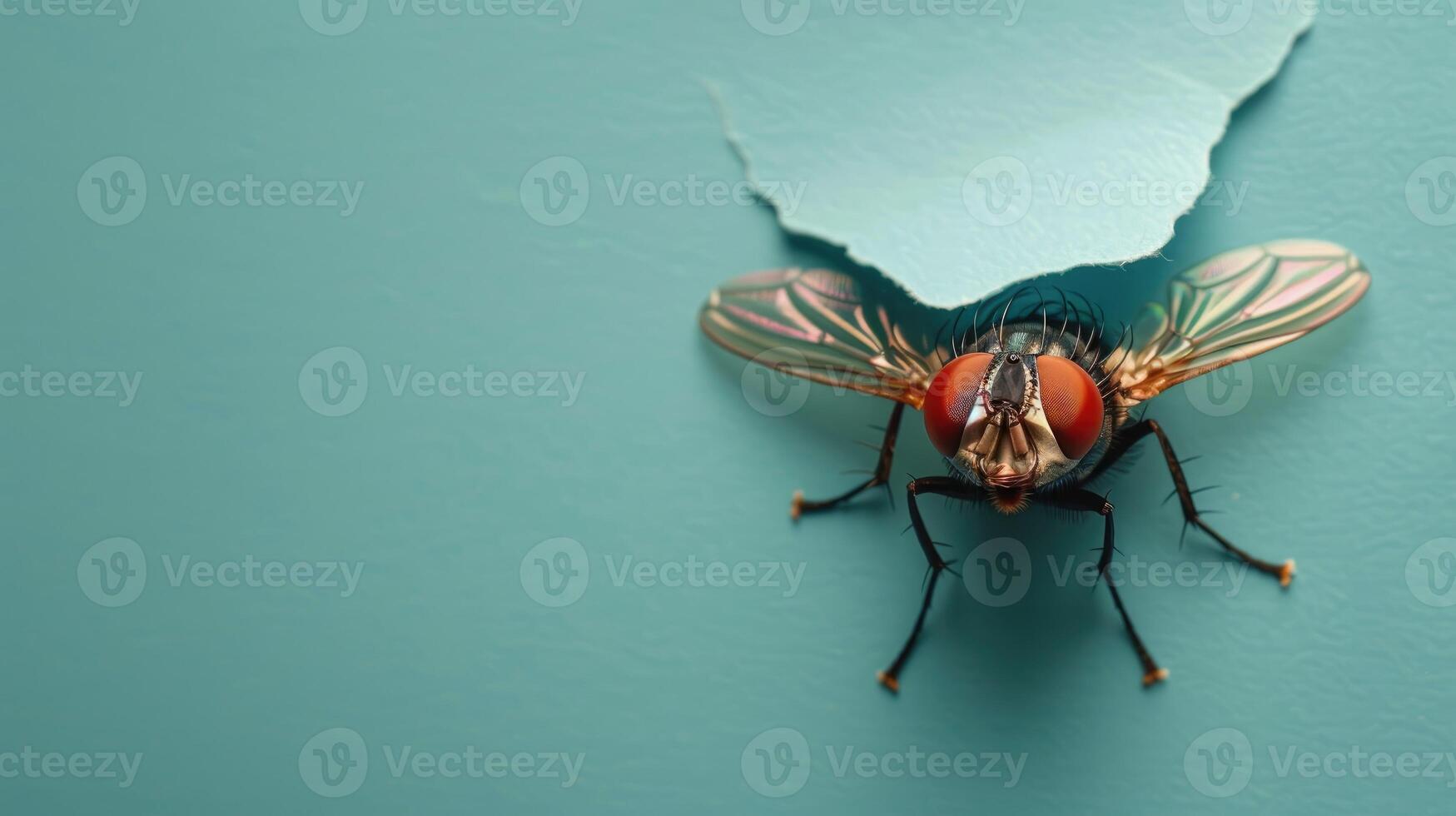 AI generated A humorous fly peers through a ripped hole in a contrast pastel color paper background, Ai Generated photo