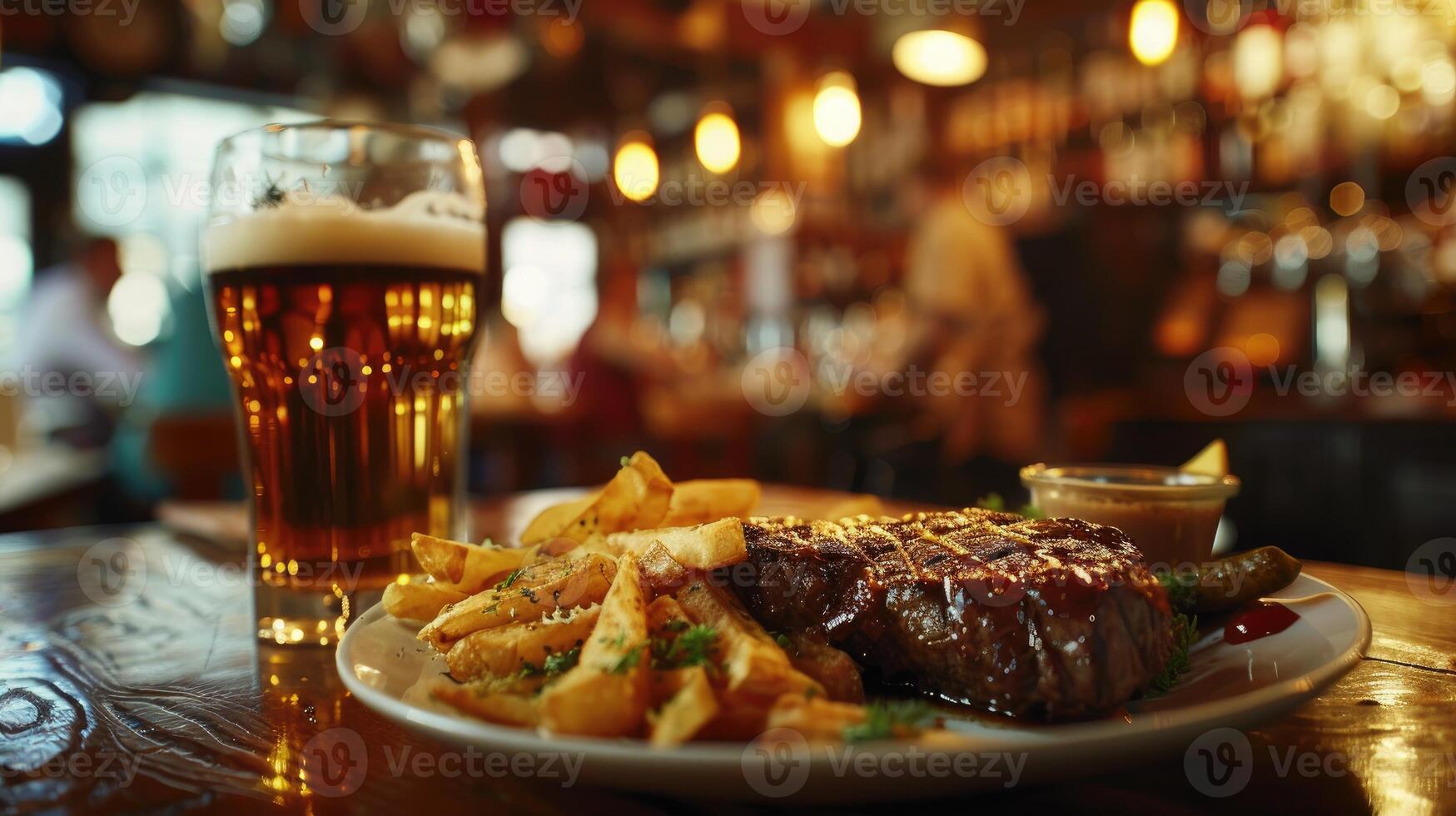 AI generated Savor American steak at the bar with chips and savory gravy, Ai Generated photo