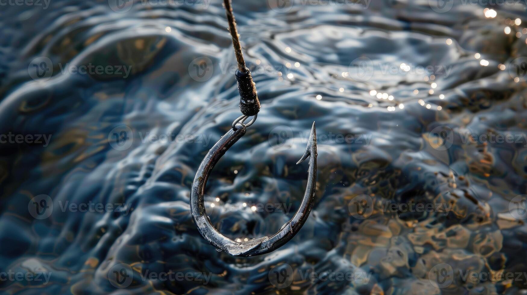 AI generated Close-up shot captures a fish hook underwater, an intriguing glimpse into the world of fishing. Ai Generated. photo