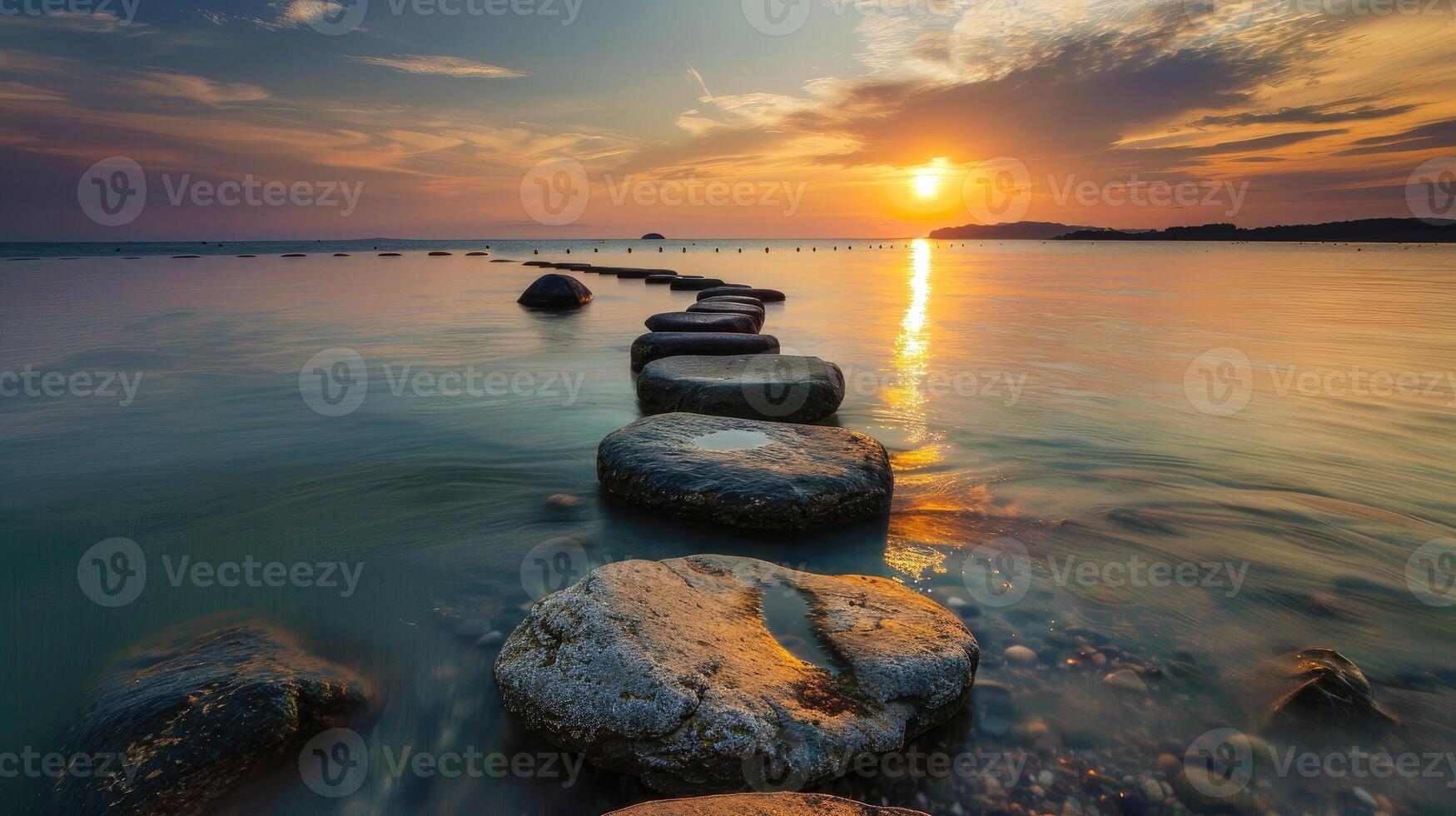 AI generated Embark on a tranquil journey along a Zen path of stones, illuminated by the warm hues of sunset. Serenity unfolds, Ai Generated. photo