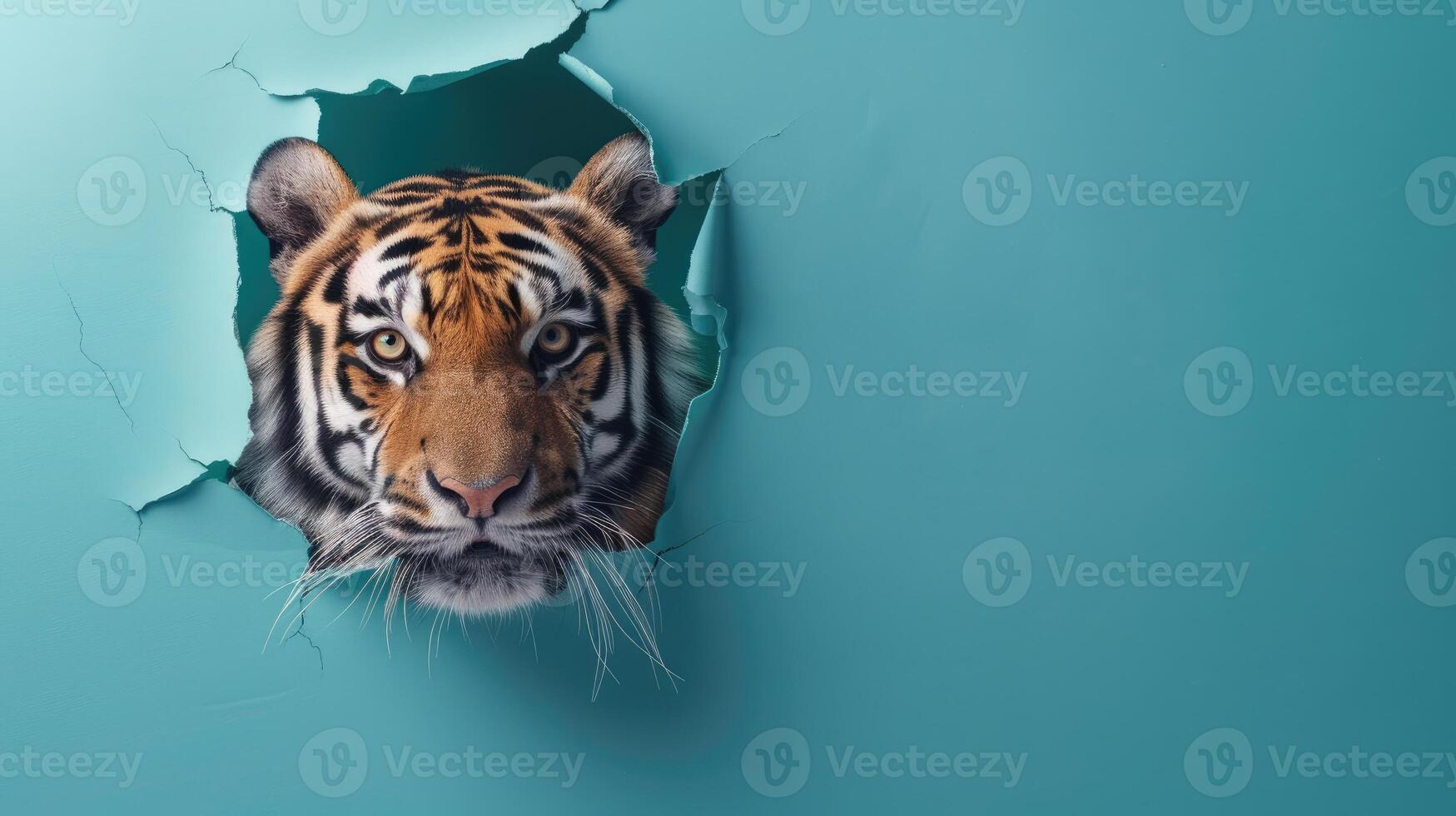 AI generated A humorous tiger peers through a ripped hole in a contrast pastel color paper background, Ai Generated photo