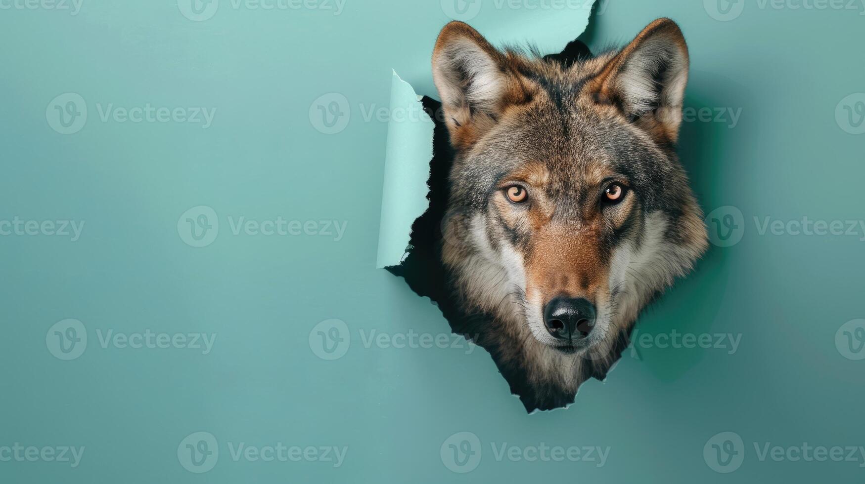 ai generado divertido lobo compañeros mediante rasgado agujero en contra vibrante papel fondo. ai generado. foto