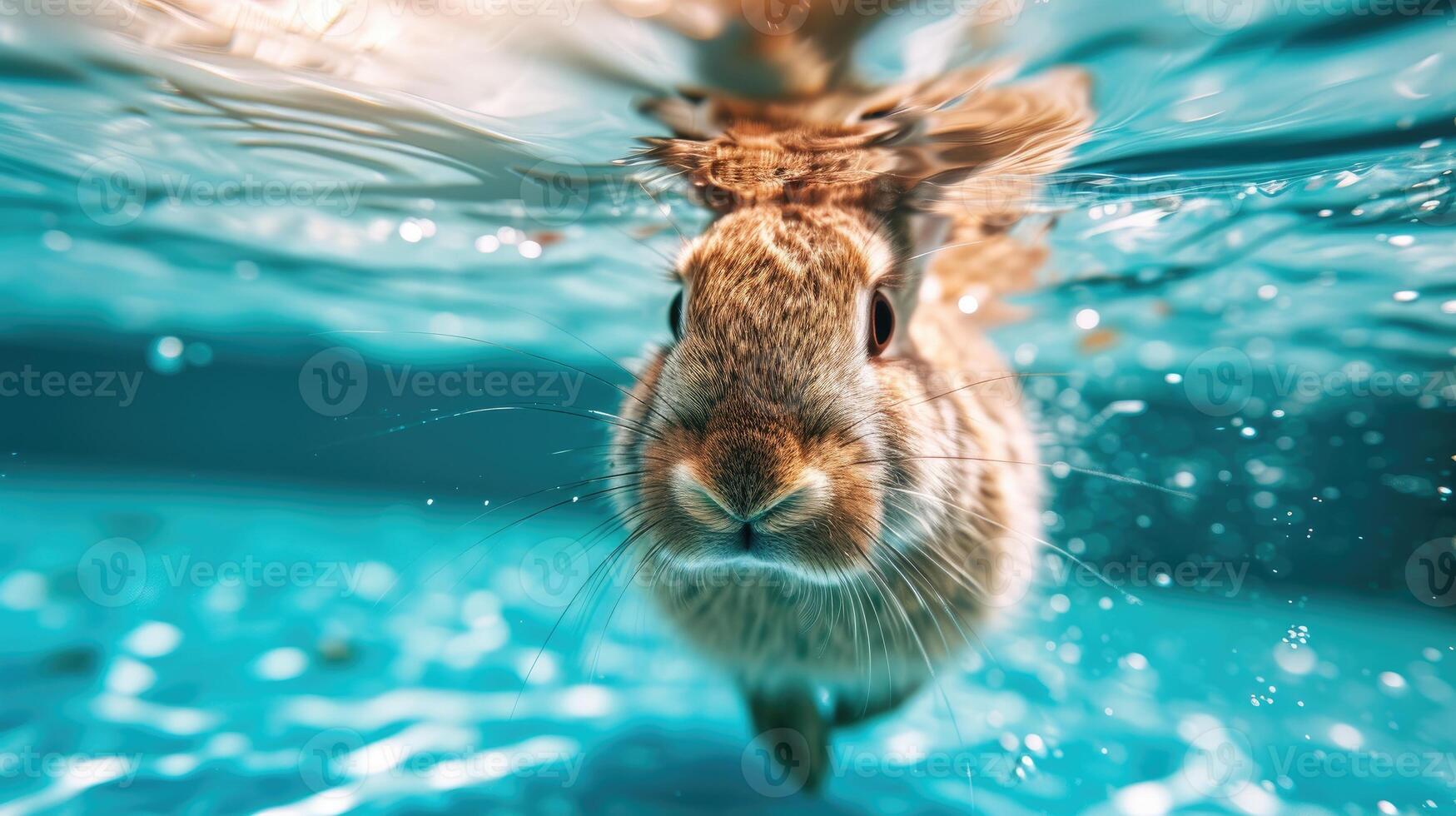 ai generado divertidísimo submarino escena Conejo en piscina obras de teatro profundo bucear acción, ai generado. foto