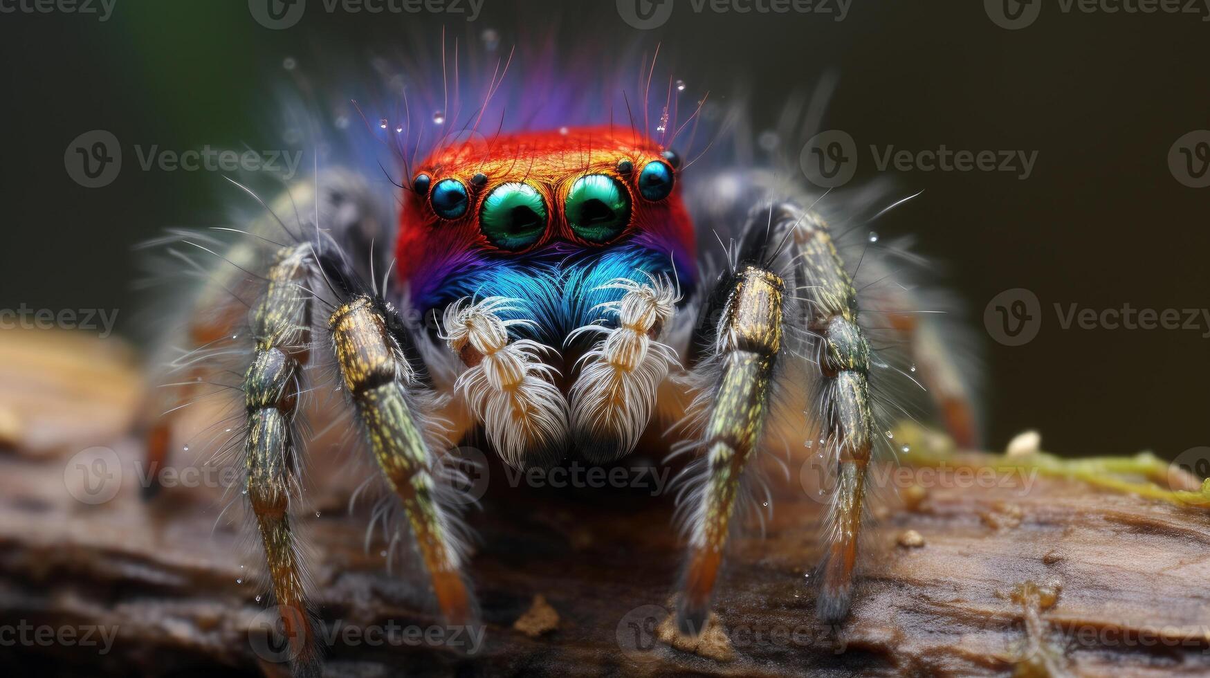 ai generado araña con ojos dos veces como grande, adornado en arco iris colores en ambos lados, ai generado. foto