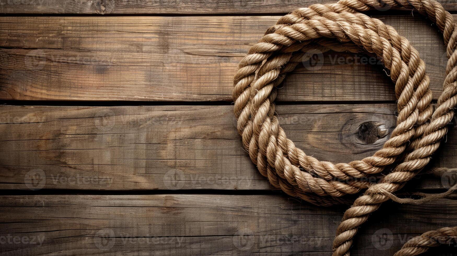 AI generated Nautical background featuring a rope shaped as a circle on a wood backdrop. Ai Generated. photo