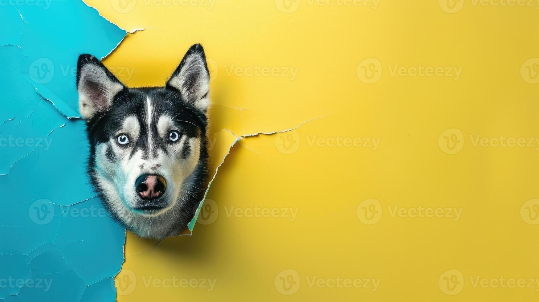 AI generated A humorous husky peers through a ripped hole in a contrast pastel color paper background, Ai Generated photo