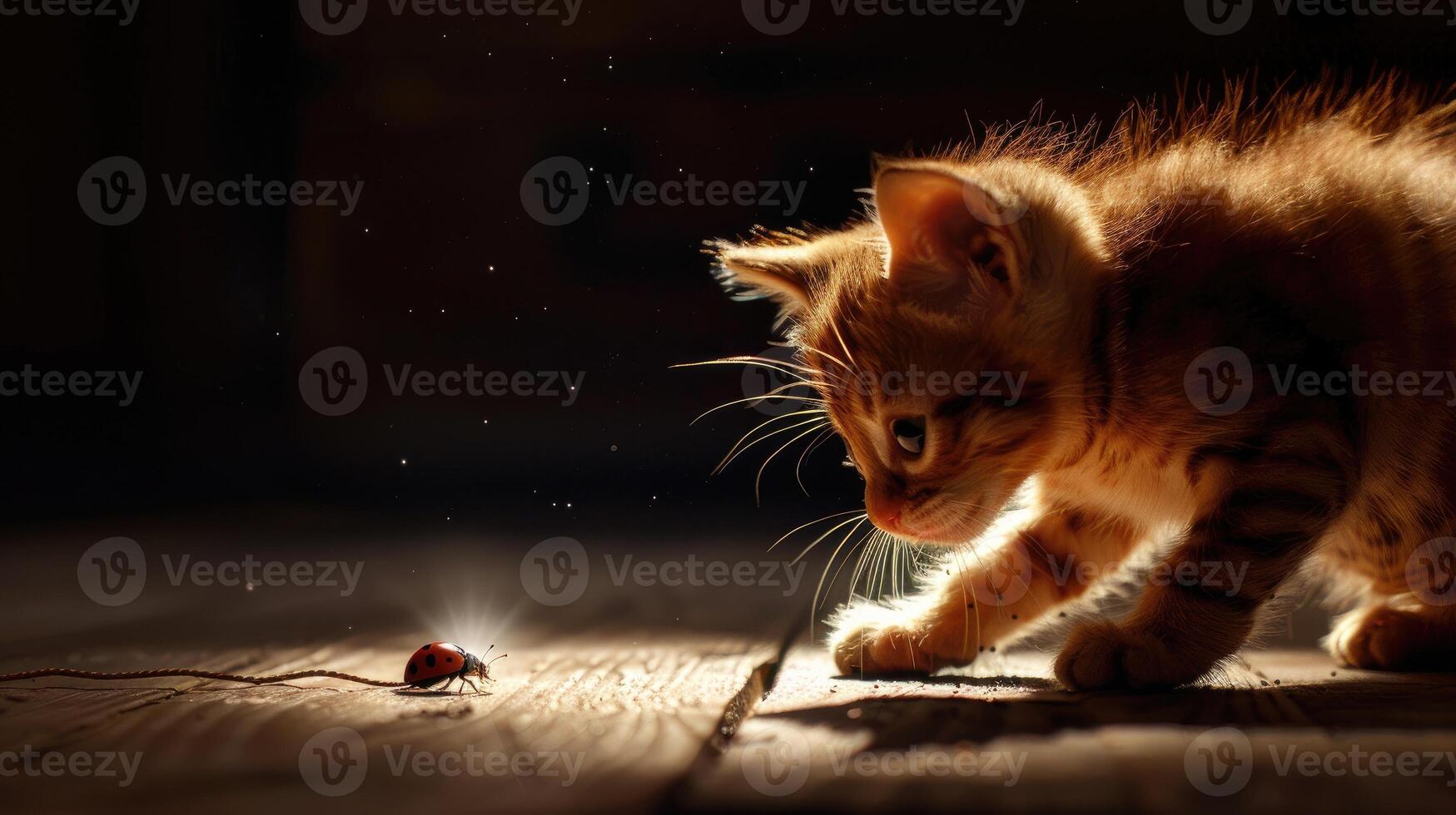 AI generated Artistic portrayal of a young cat or kitten hunting a ladybug, with backlit ambiance adding drama, Ai Generated. photo