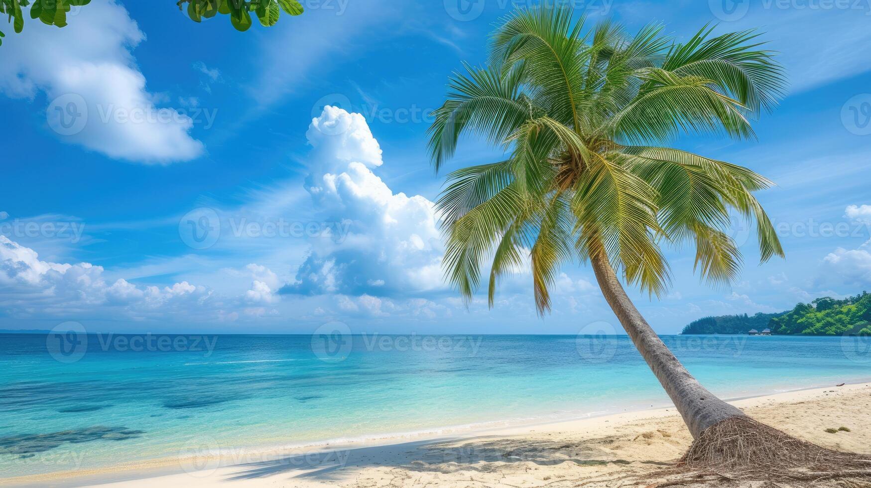 AI generated A majestic palm tree stands tall on a tropical beach, casting a graceful silhouette against the azure sky, Ai Generated photo