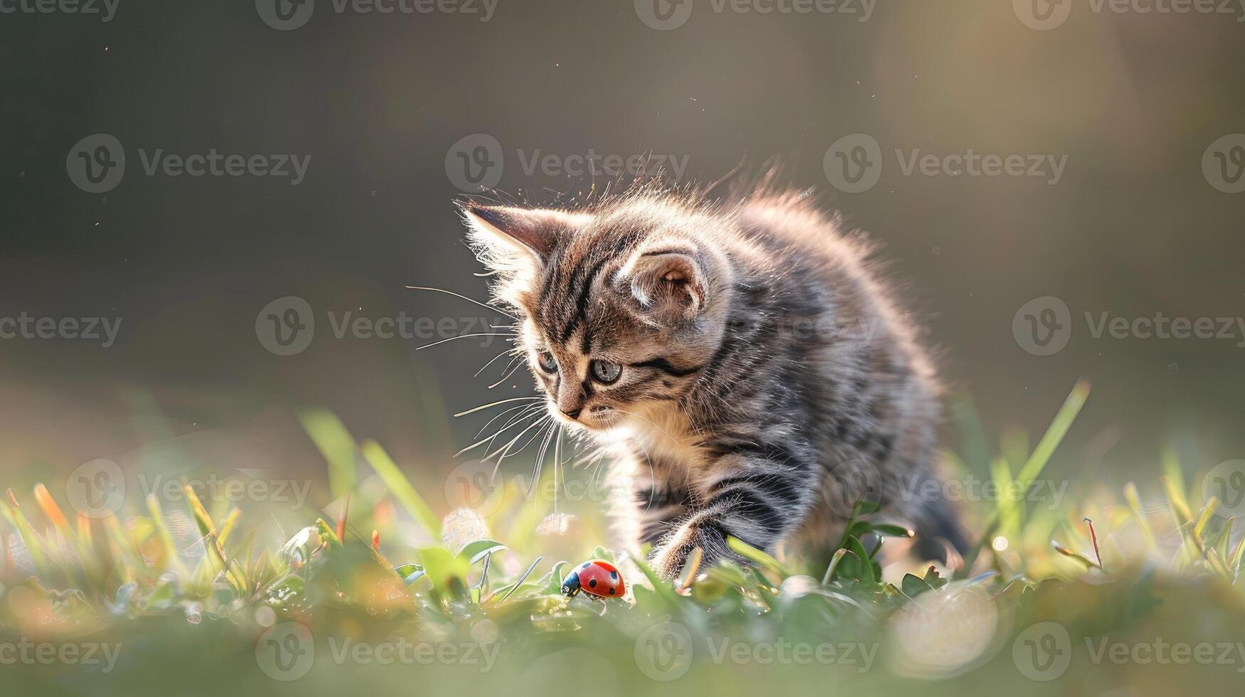 AI generated Artistic portrayal of a young cat or kitten hunting a ladybug, with backlit ambiance adding drama, Ai Generated. photo