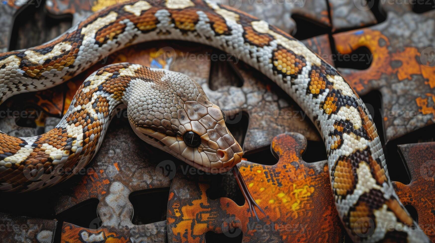 AI generated snake getting creative with a jigsaw puzzle, Ai Generated. photo