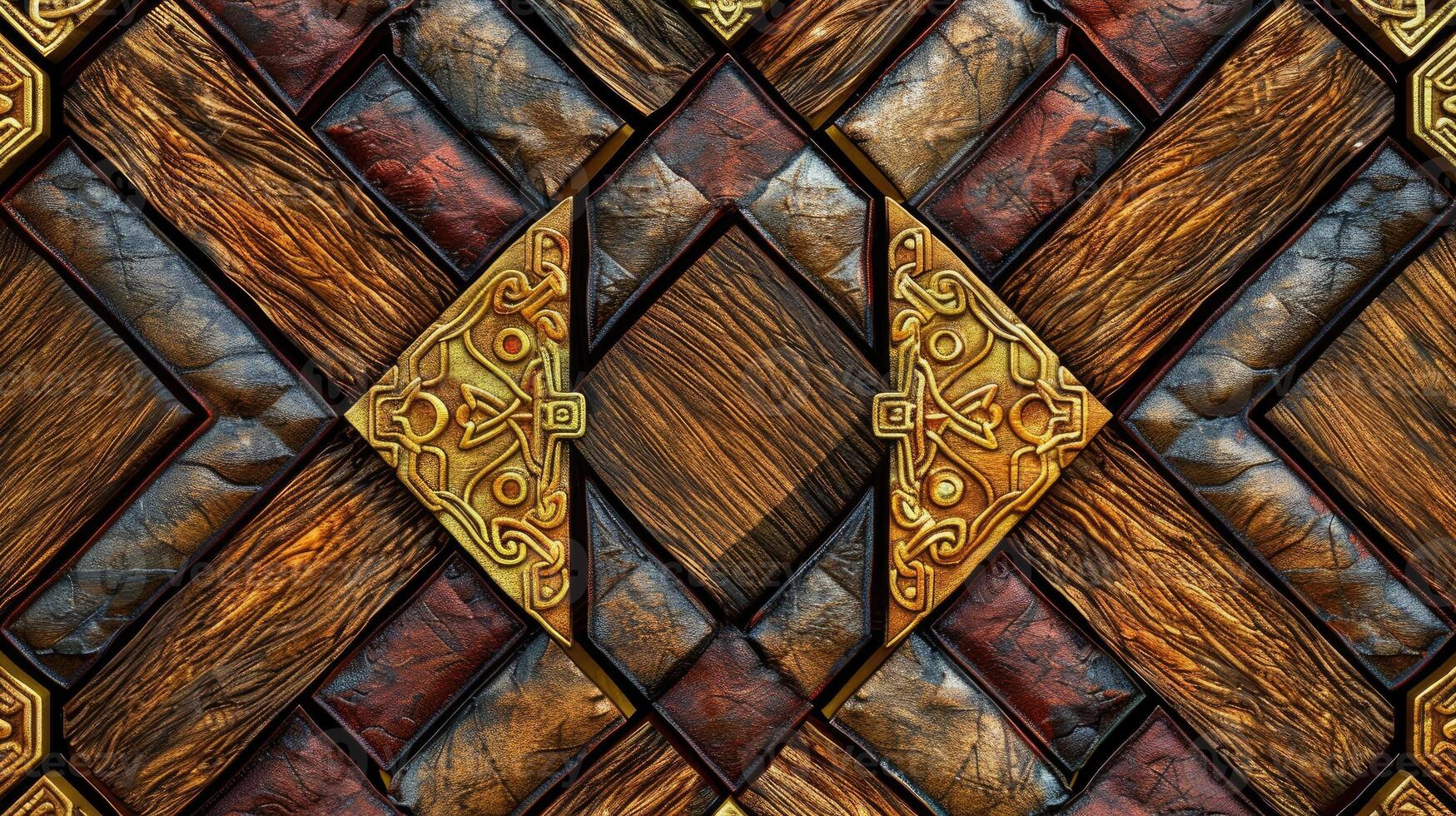 ai generado elevar tu espacio con un 3d fondo de pantalla imitando un lujoso madera y oro mosaico decoración. ai generado. foto