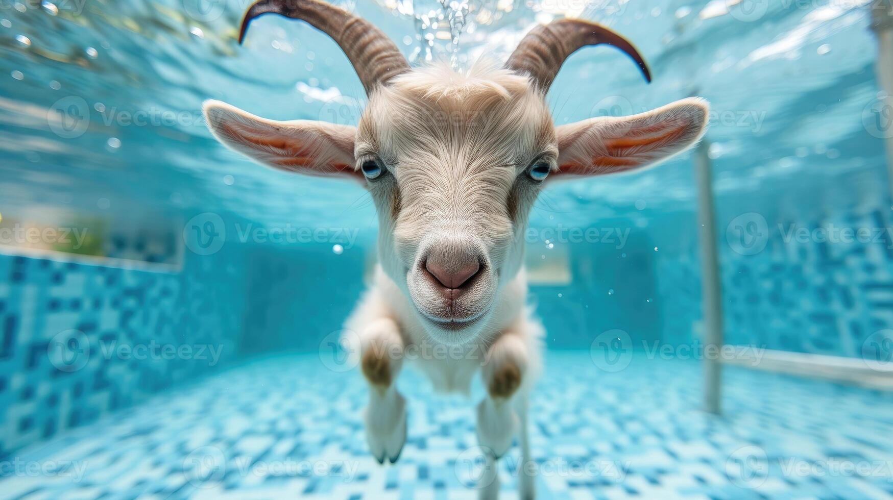 AI generated Hilarious underwater scene goat in pool plays deep dive action, Ai Generated. photo
