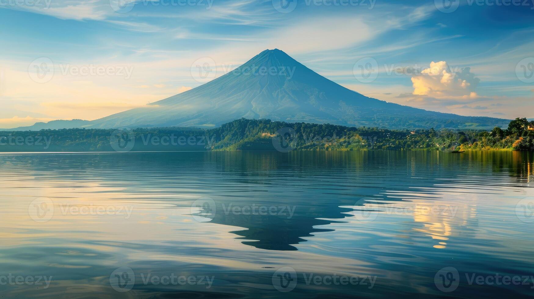 AI generated Volcanic mountain reflected in calm lake waters. Ai Generated photo