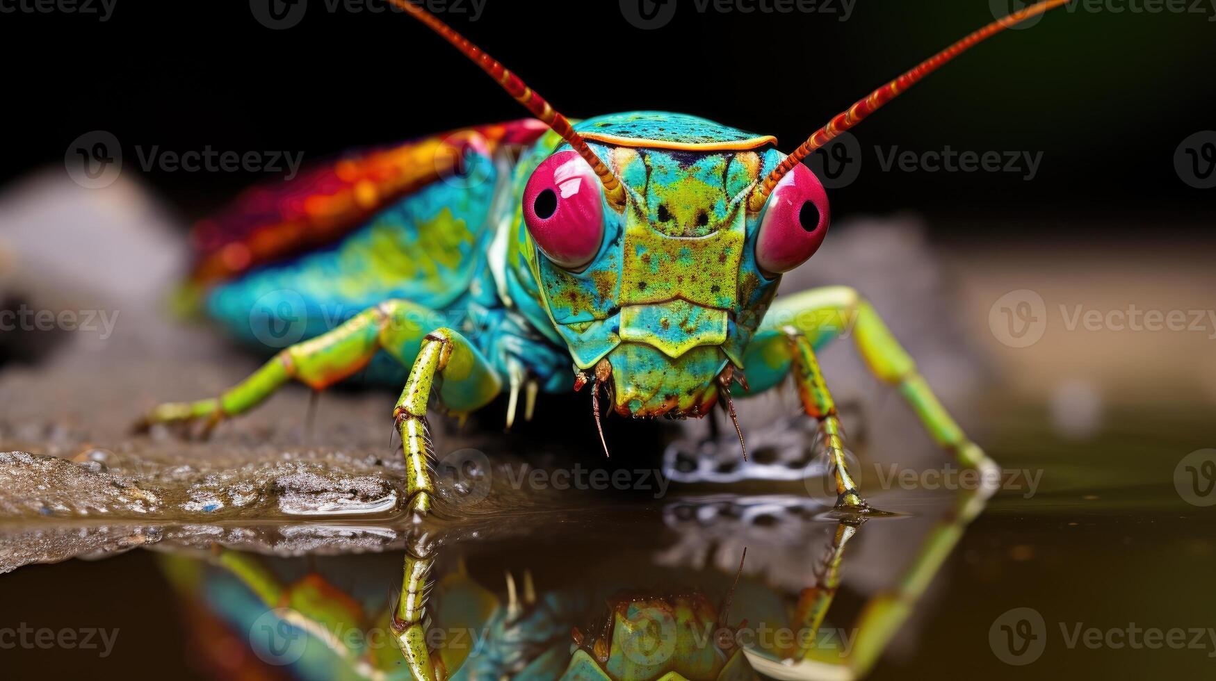 ai generado saltamontes con ojos dos veces como grande, adornado en arco iris colores en ambos lados, ai generado. foto