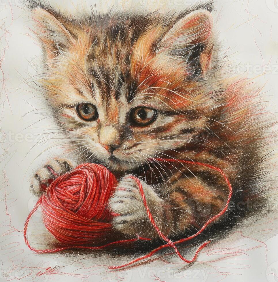 AI generated Orange and white cat sitting with a yarn ball, Ai Generated. photo