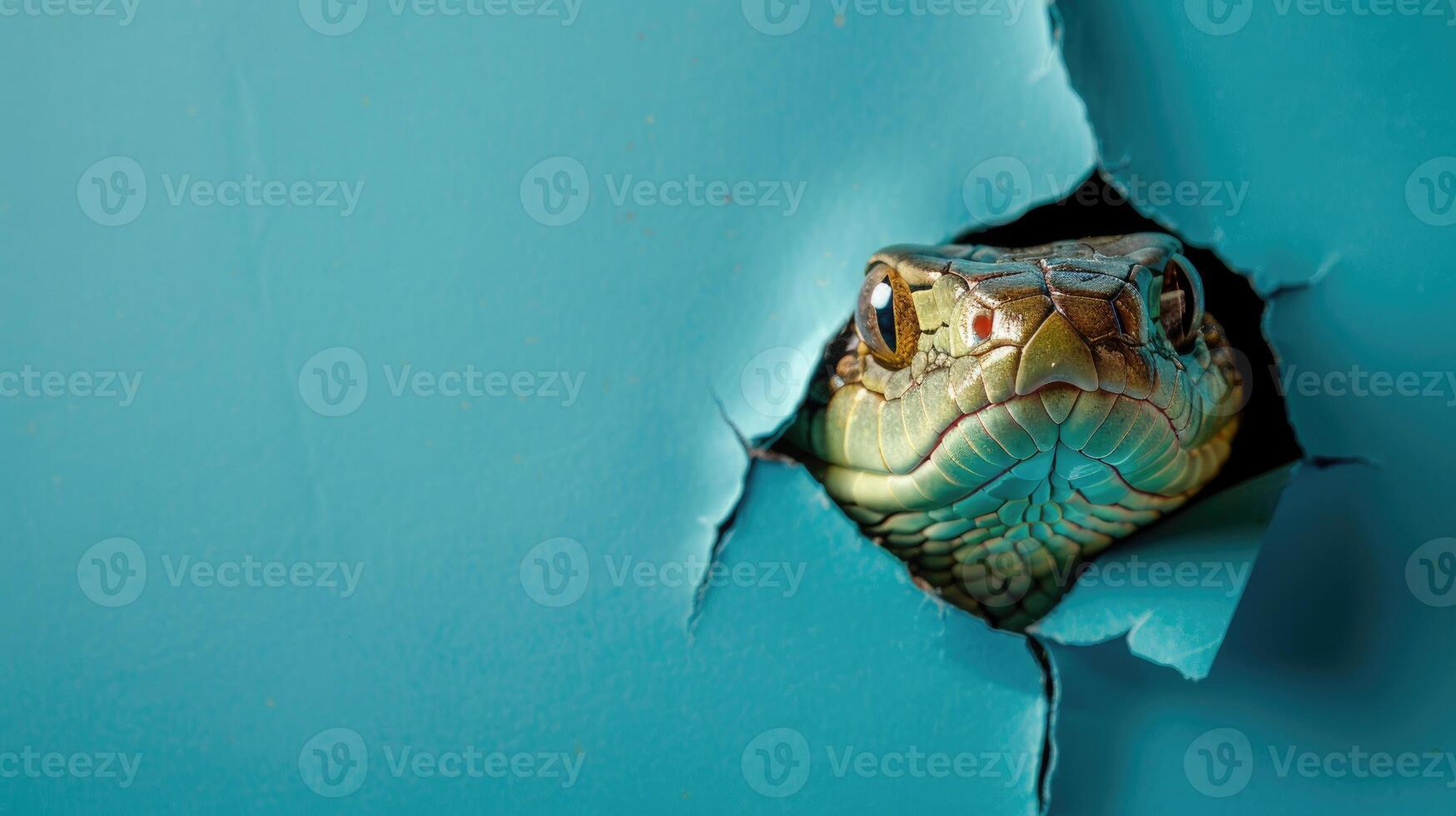 AI generated A humorous cobra peers through a ripped hole in a contrast pastel color paper background, Ai Generated photo