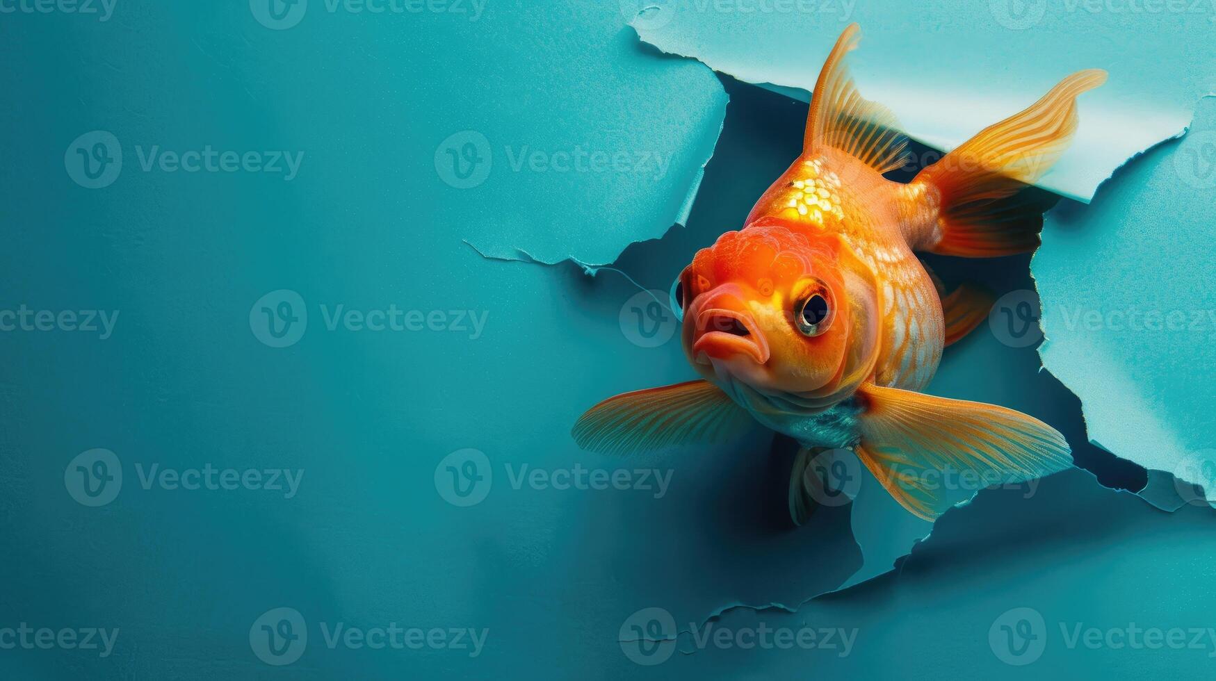 AI generated A humorous fish peers through a ripped hole in a contrast pastel color paper background, Ai Generated photo