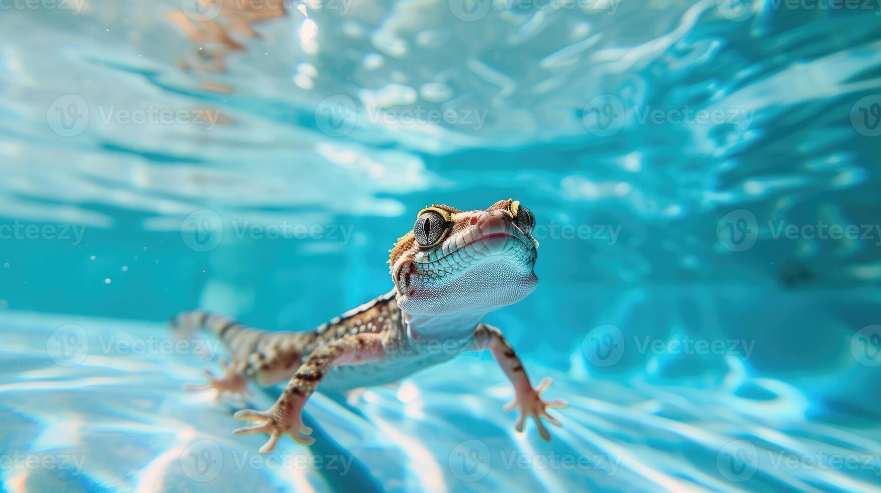 AI generated Hilarious underwater scene gecko in pool plays deep dive action, Ai Generated. photo