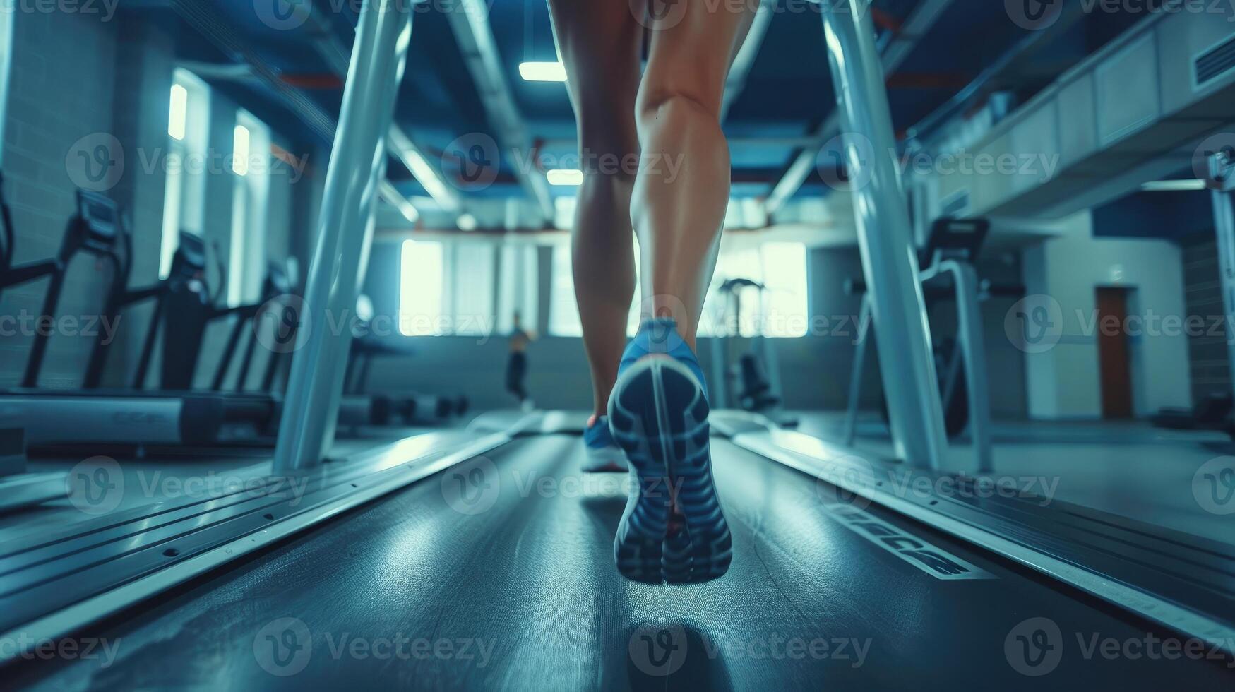 AI generated Witness the legs of a sportswoman in motion, running on a treadmill in a fitness gym center, a dynamic pursuit of fitness. Ai Generated. photo
