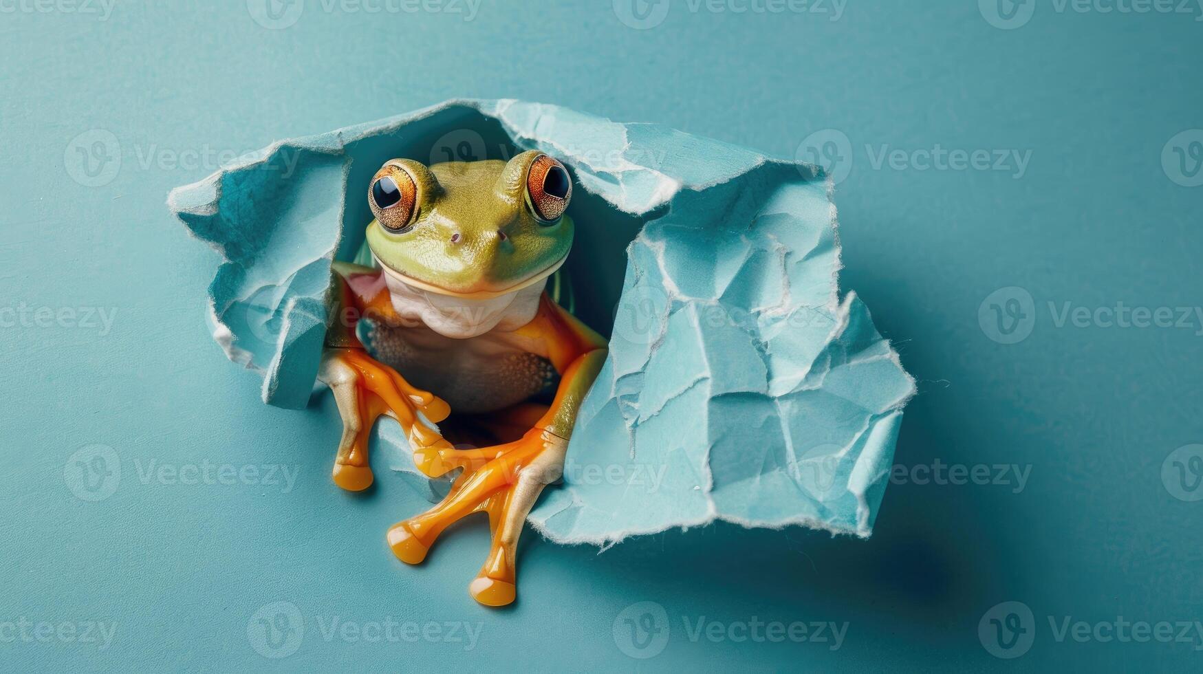 AI generated A humorous frog peers through a ripped hole in a contrast pastel color paper background, Ai Generated photo