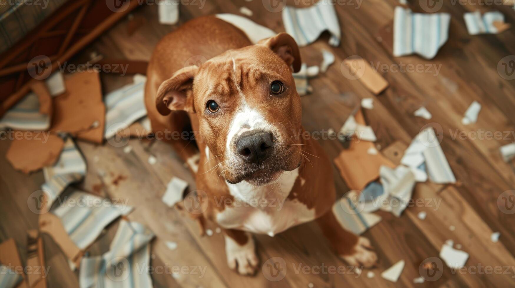 AI generated Dog left alone creates a mess, playing and chewing items throughout the apartment, Ai Generated. photo