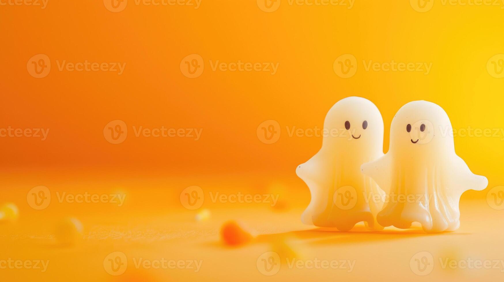 AI generated Happy Halloween holiday concept with funny pumpkin and ghosts on orange background, Ai Generated photo