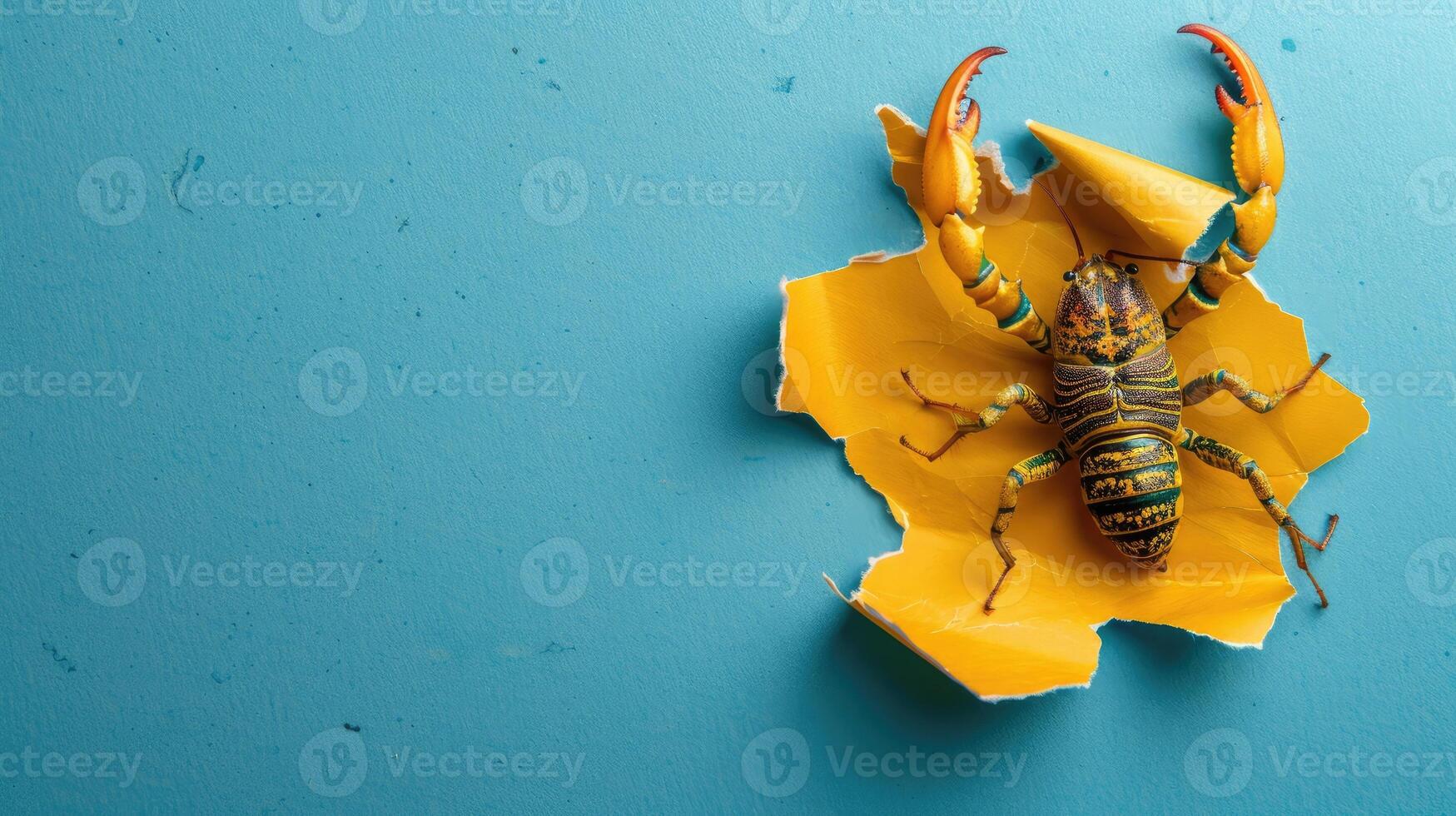 AI generated A humorous scorpion peers through a ripped hole in a contrast pastel color paper background, Ai Generated photo