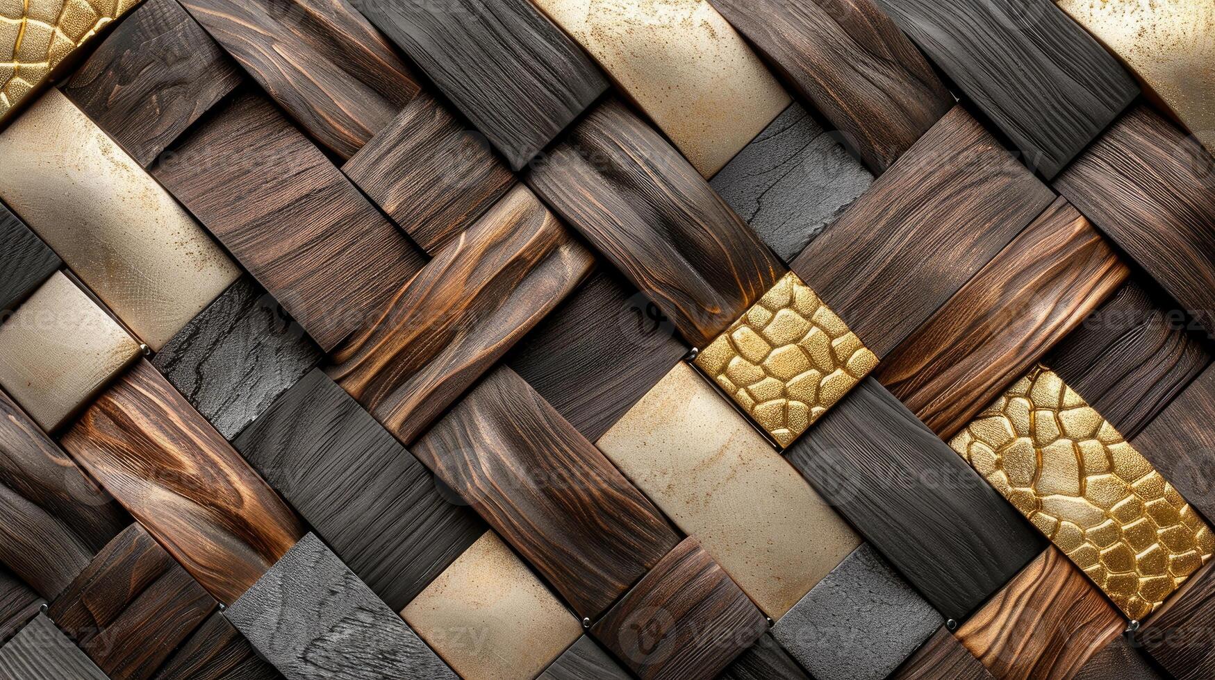 AI generated Elevate your space with a 3D wallpaper mimicking a luxurious wood and gold mosaic decor. Ai Generated. photo