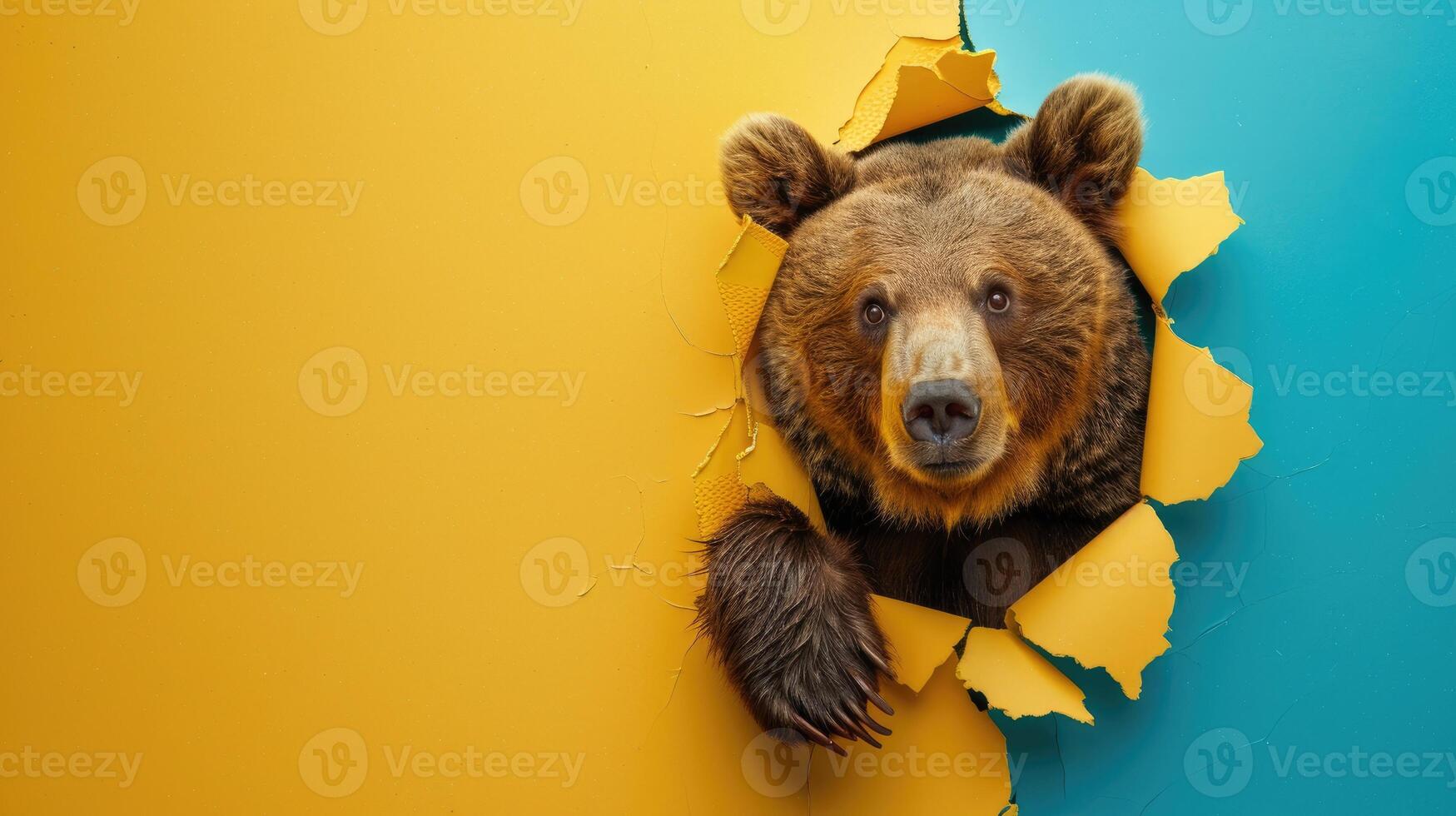 AI generated A humorous bear peers through a ripped hole in a contrast pastel color paper background, Ai Generated photo