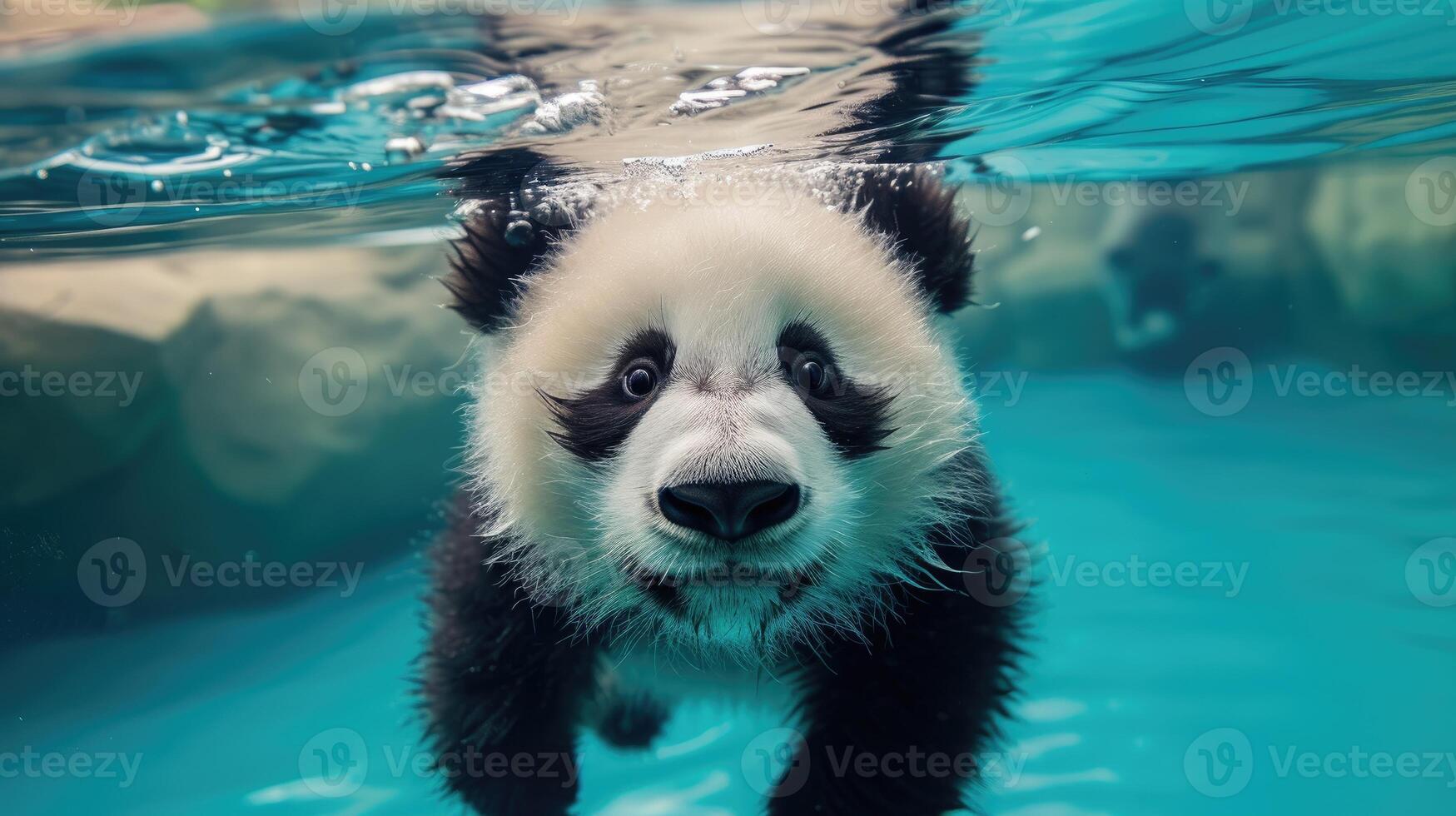 AI generated Hilarious underwater scene panda in pool plays deep dive action, Ai Generated. photo