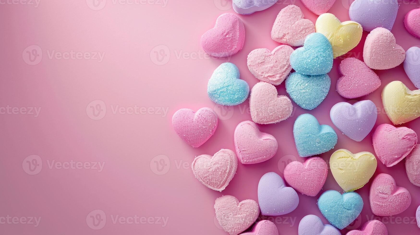 AI generated Colorful hearts scattered on a pink background, celebrating Valentine's Day. Ai Generated. photo