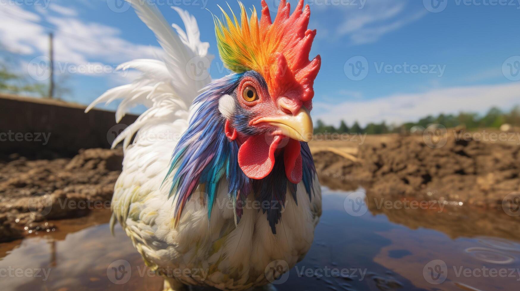 ai generado pollo con ojos dos veces como grande, adornado en arco iris colores en ambos lados, ai generado. foto