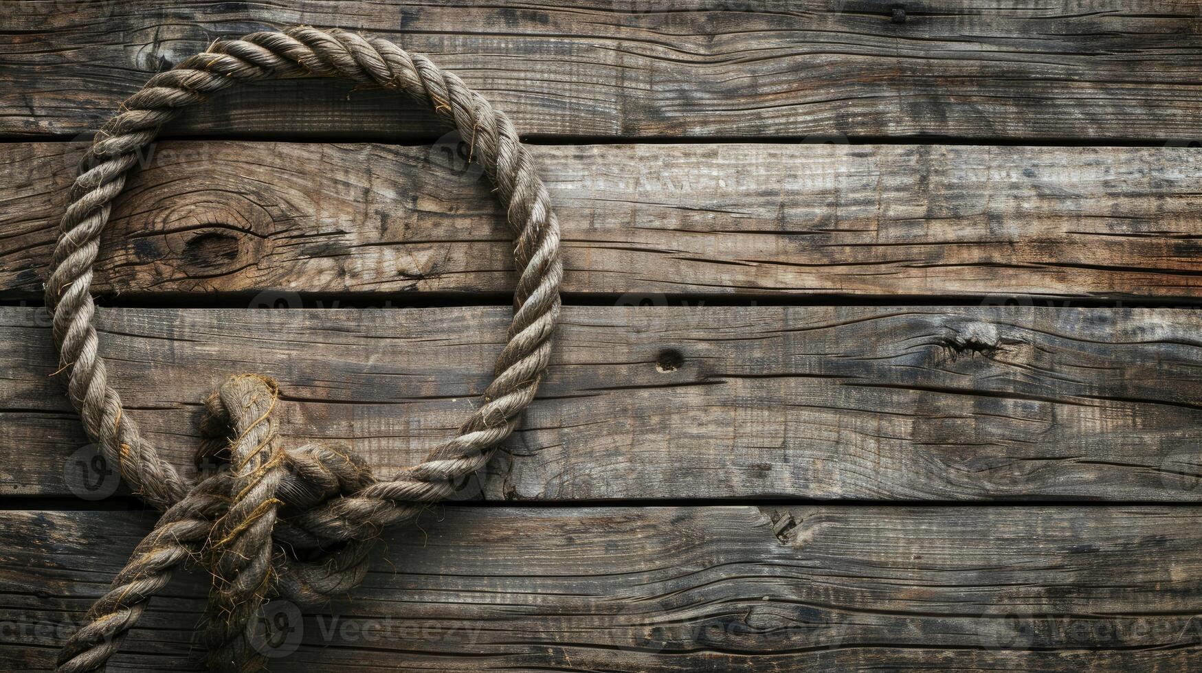 AI generated Nautical background featuring a rope shaped as a circle on a wood backdrop. Ai Generated. photo