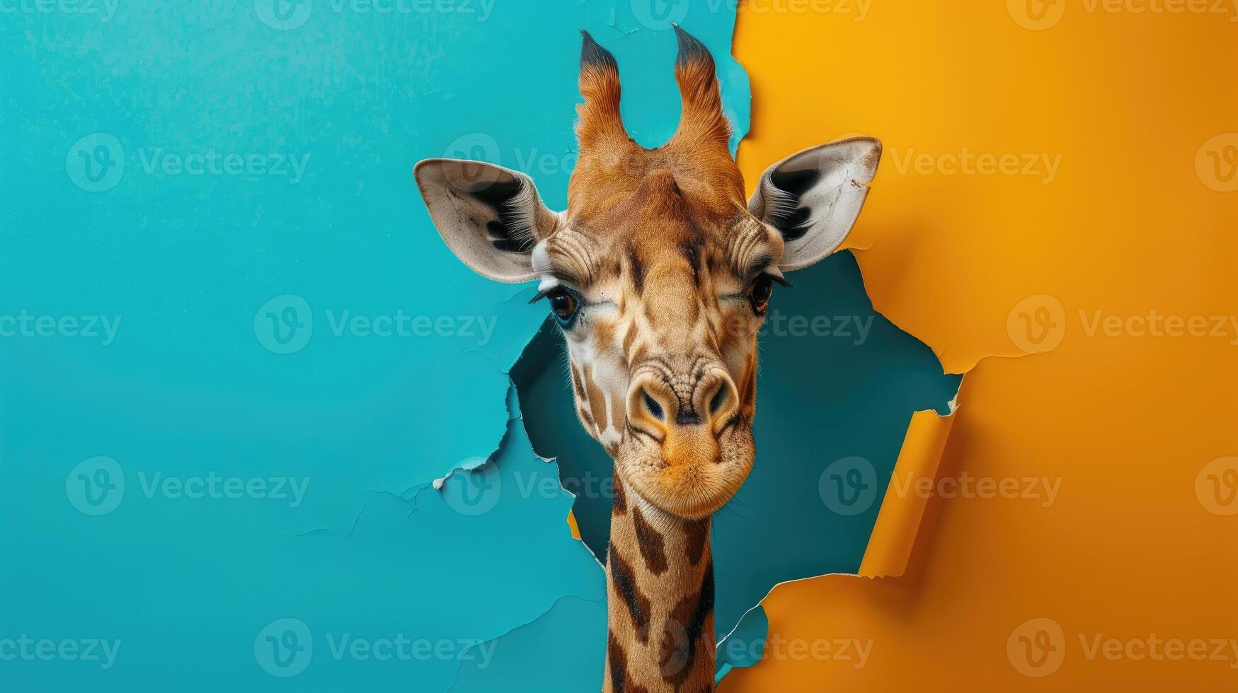 AI generated A humorous giraffe peers through a ripped hole in a contrast pastel color paper background, Ai Generated photo