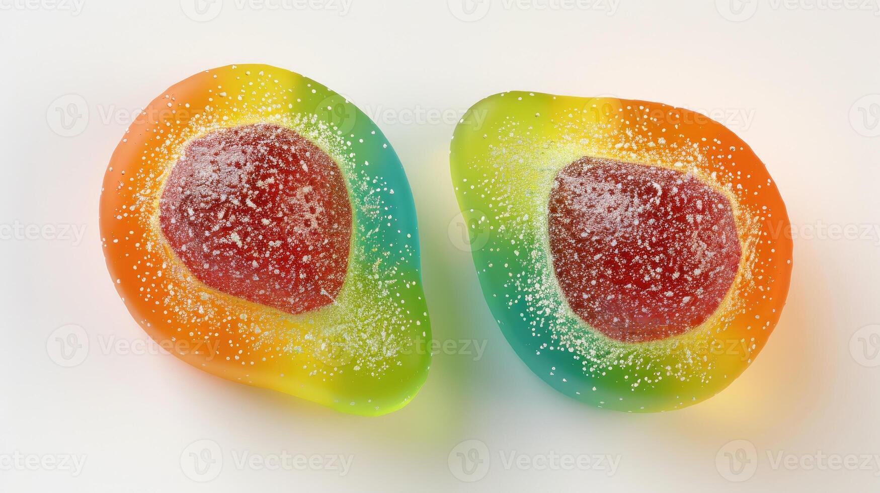 AI generated Realistic gummy candy shaped like an avocado, with three colors, elastic texture, and sugar sprinkle, Ai Generated photo