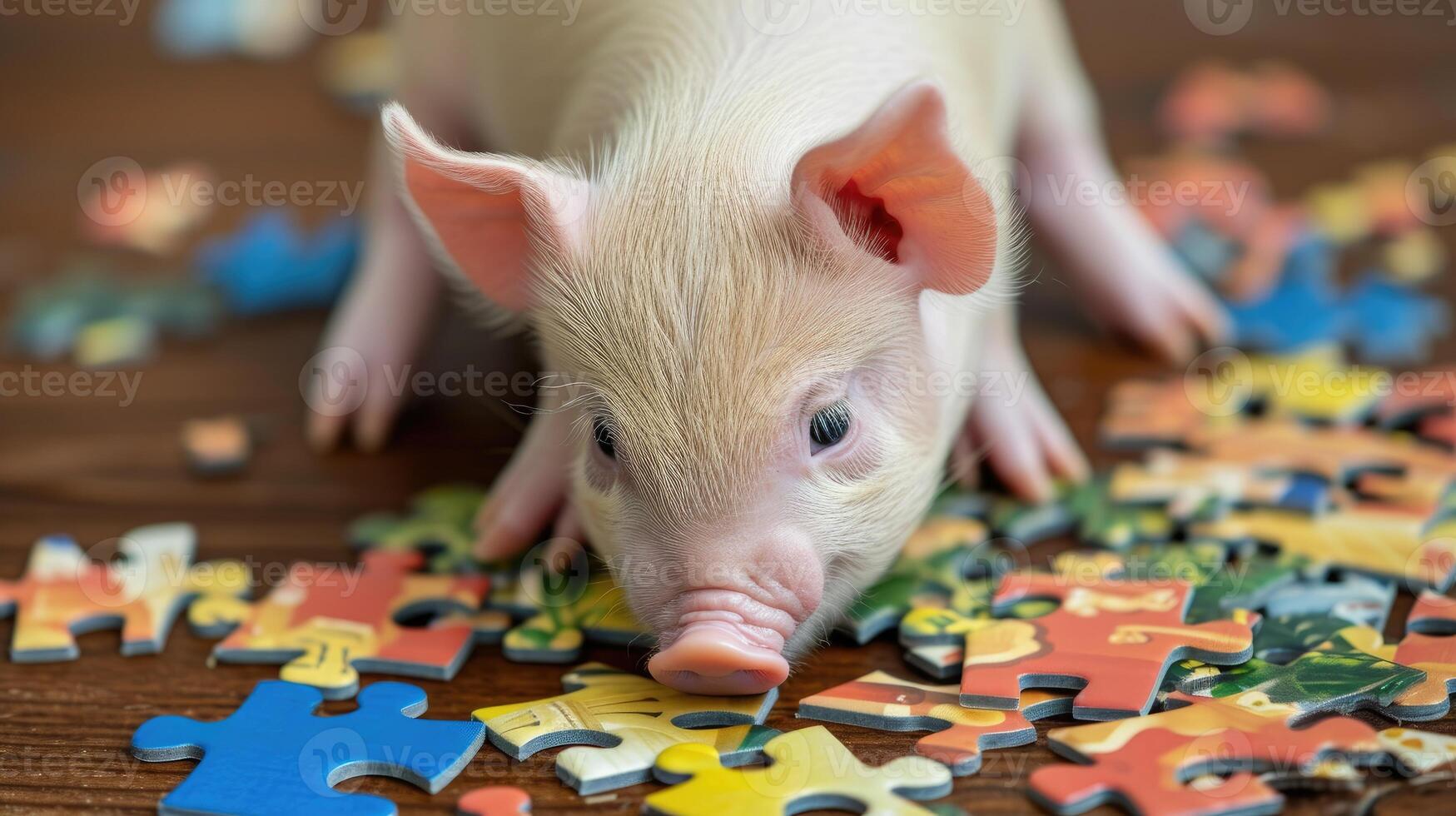 AI generated Adorable top view of a cute pig solving a jigsaw puzzle, playful and clever. Ai Generated photo