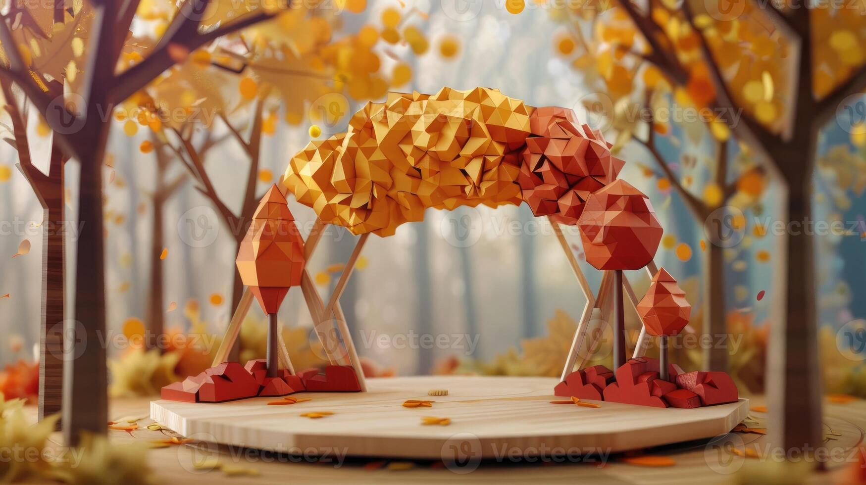 AI generated Embrace autumn vibes with a wooden hexagon 3D fall creation. Ai Generated. photo