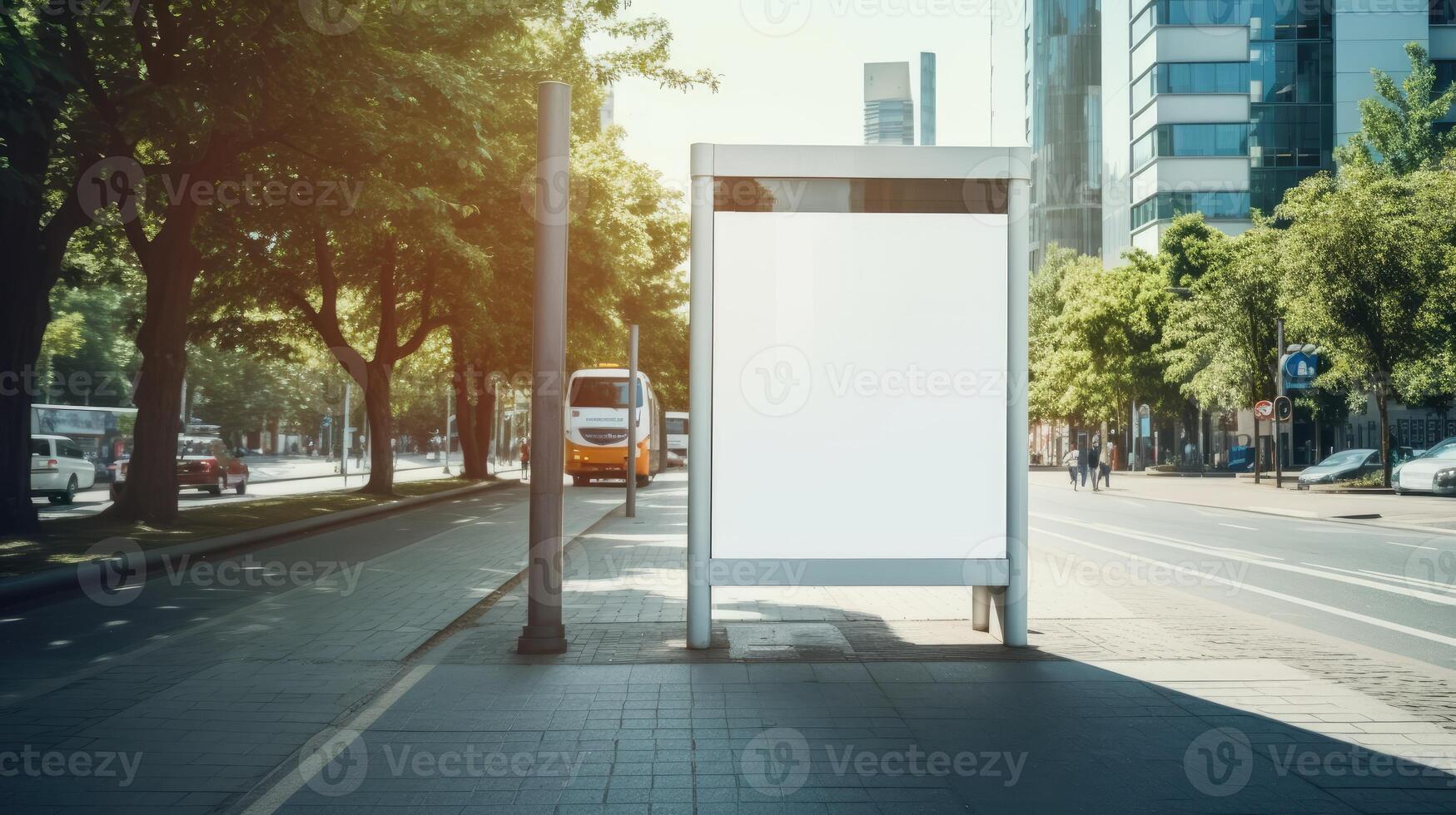 AI generated A vertical blank white billboard stands at a bus stop on a city street, offering advertising space. Ai Generated photo