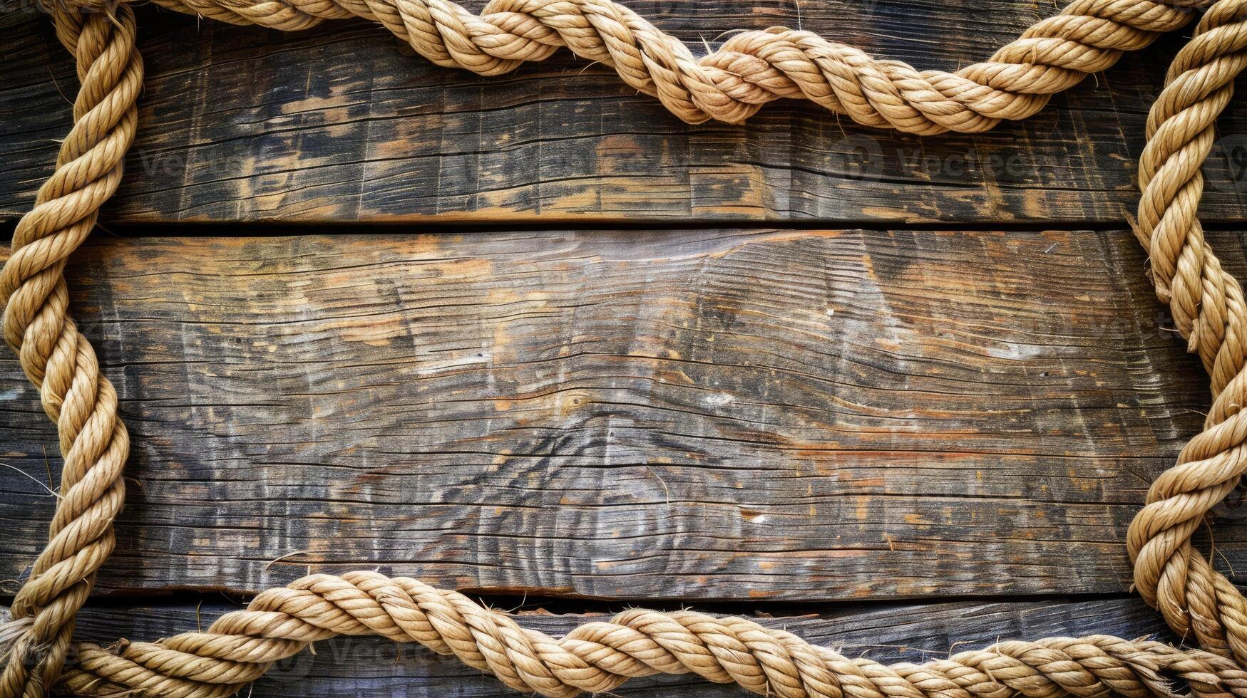 AI generated Nautical background featuring a rope shaped as a circle on a wood backdrop. Ai Generated. photo