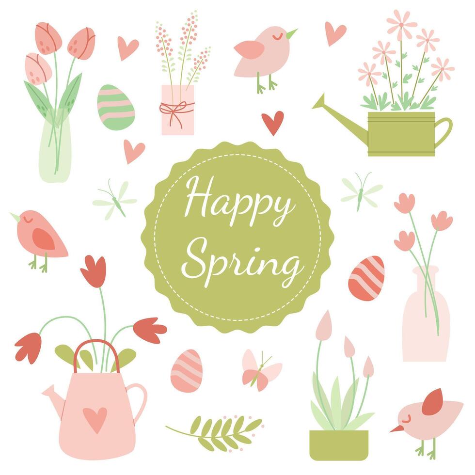 linda vector primavera elementos colección con flores, aves, mariposas y corazones
