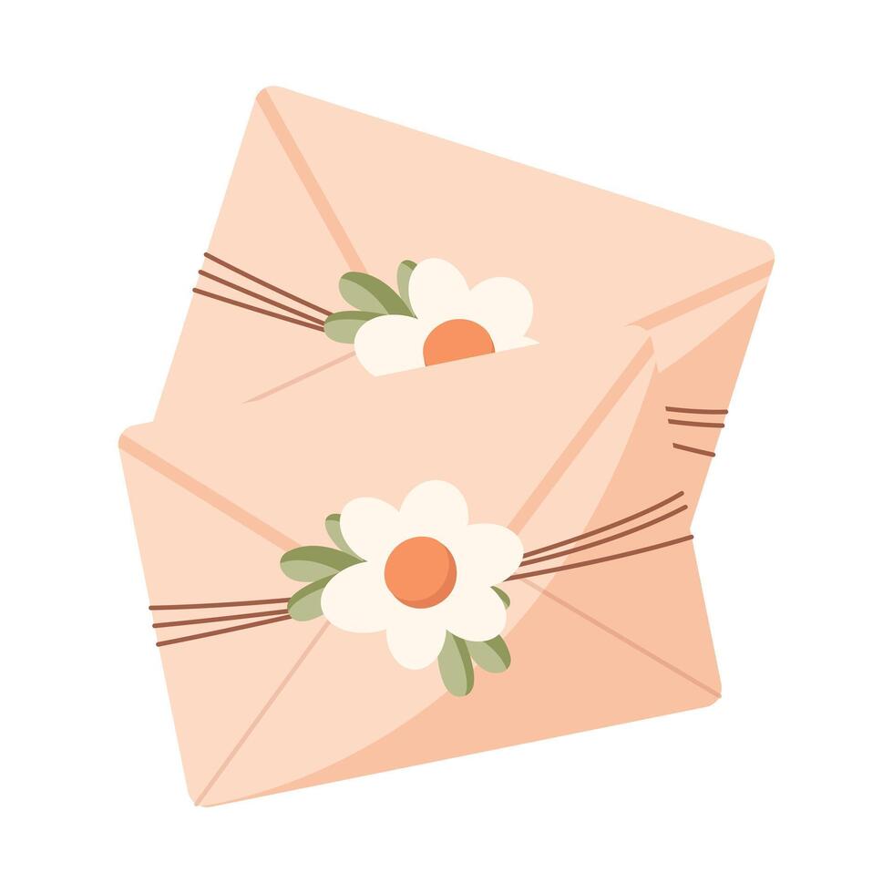 Kraft envelopes with flower isolated on white background. Easter element. Vector illustration. Flat cute style.