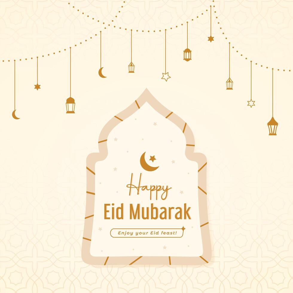 Elegant Eid Mubarak festival background with a mosque and hanging lanterns on a beige background vector
