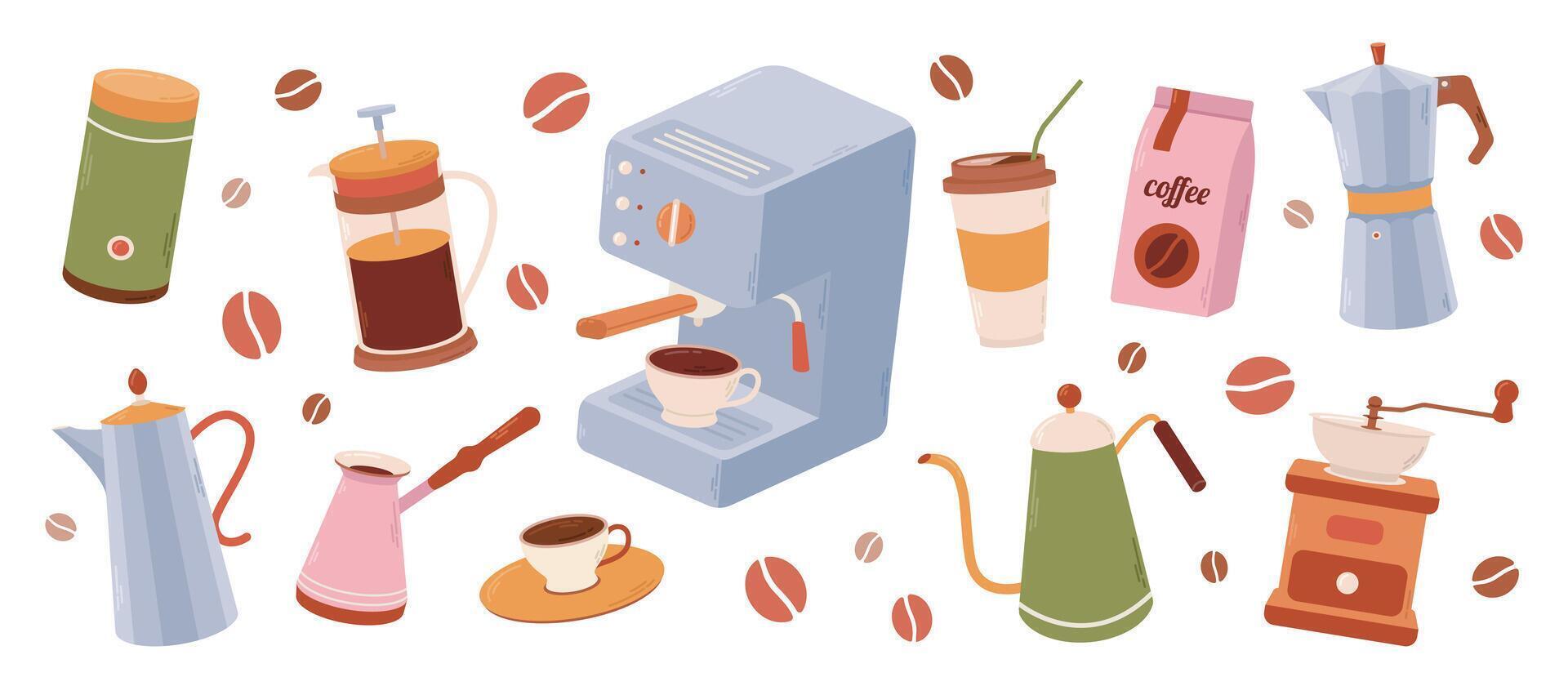 conjunto de café elementos recopilación. café suministros iconos fabricante, francés prensa, maceta, café máquina, amoladora, granos vector dibujos animados ilustración