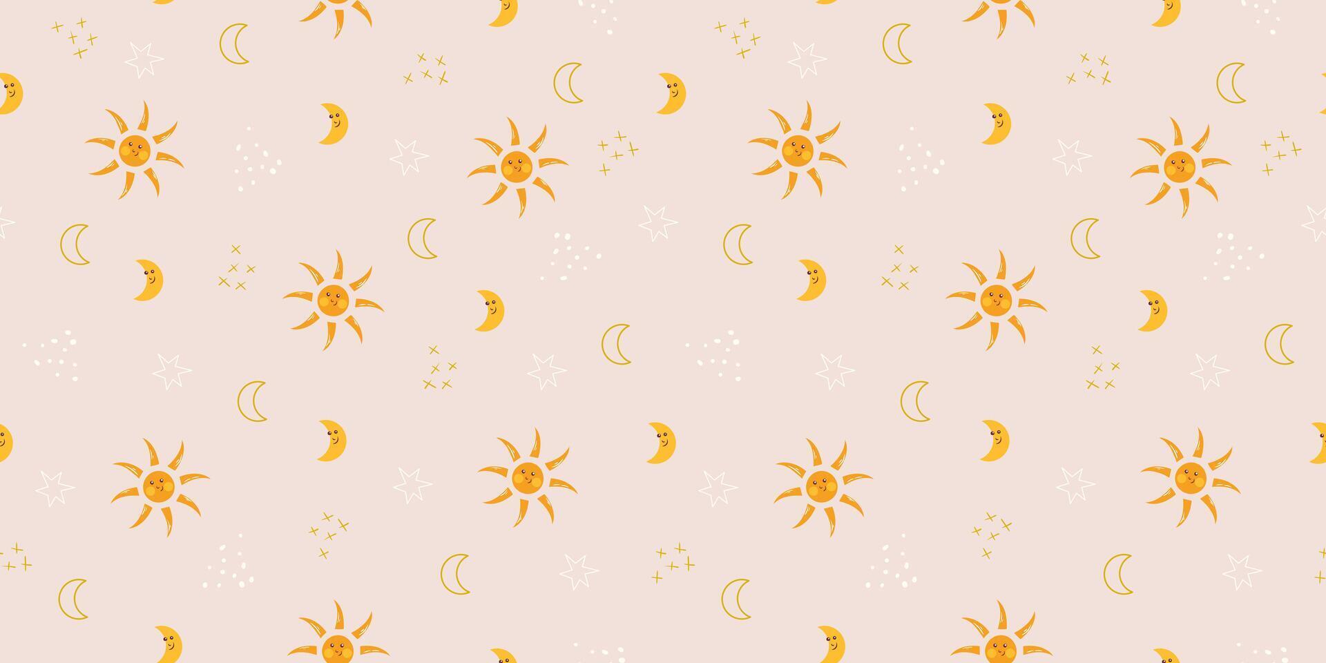 Cute sky background with crescent moon, stars, sun boho colors. Vector seamless pattern