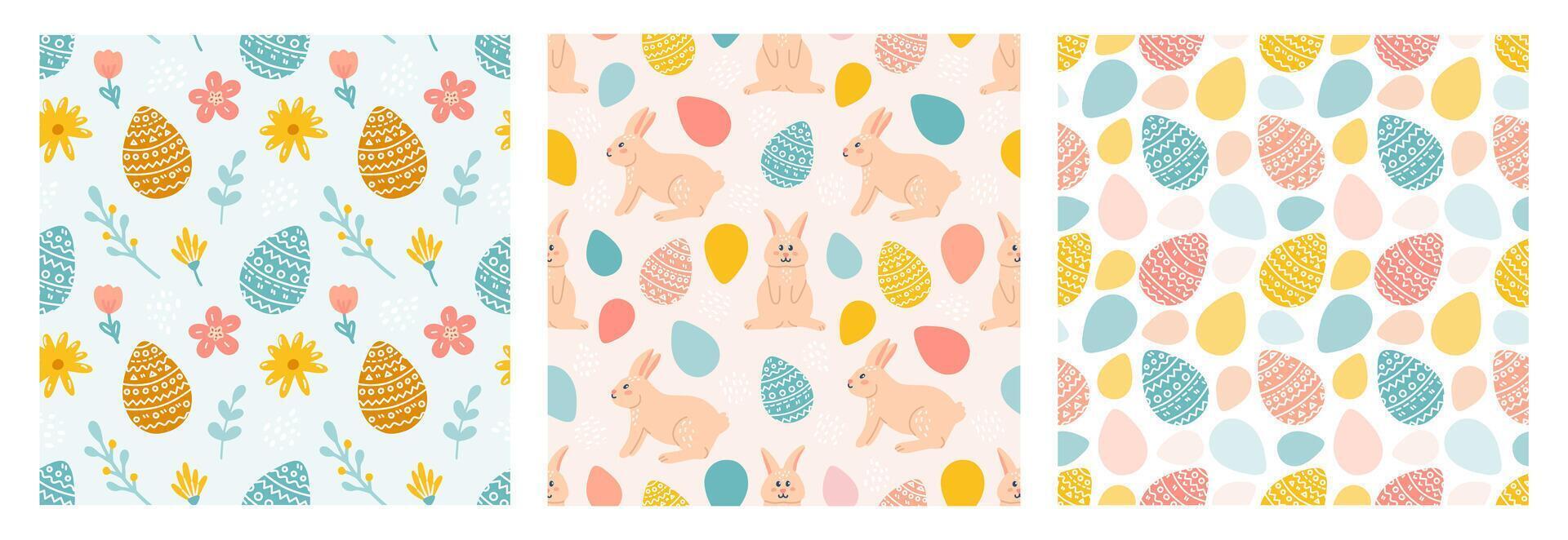 Happy Easter. Vector seamless pattern set. Rabbit, Easter eggs, flowers