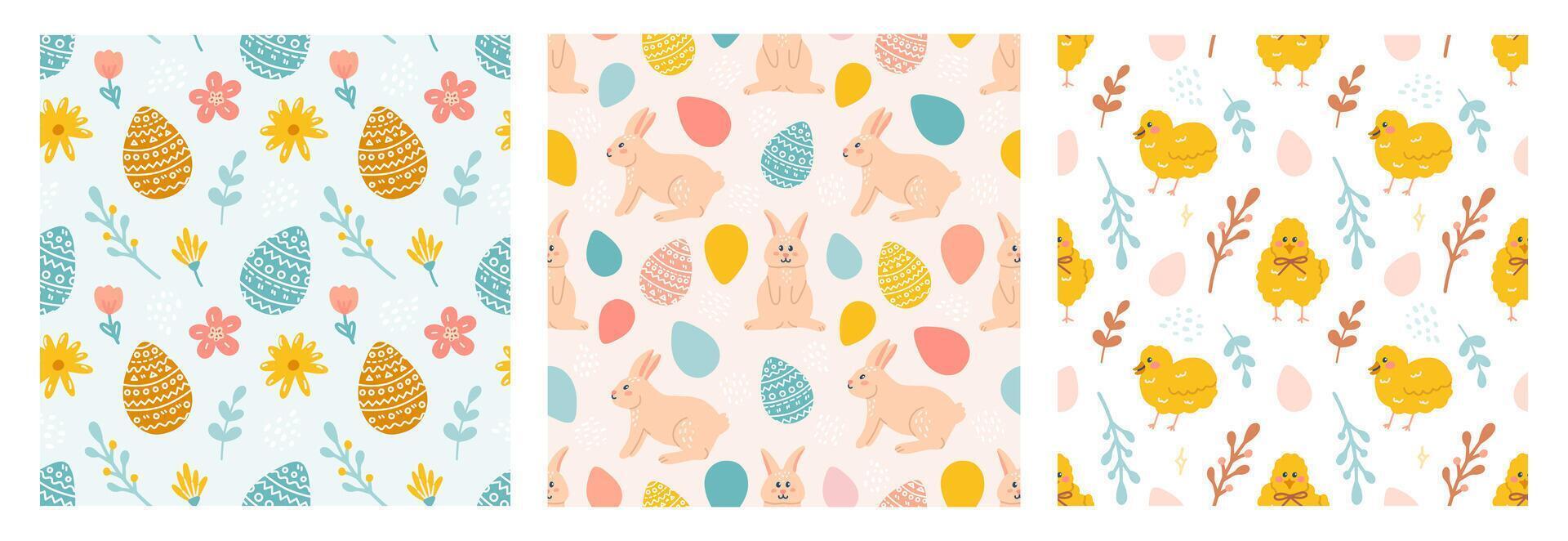 Happy Easter. Vector seamless pattern set. Rabbit, Easter eggs, flowers