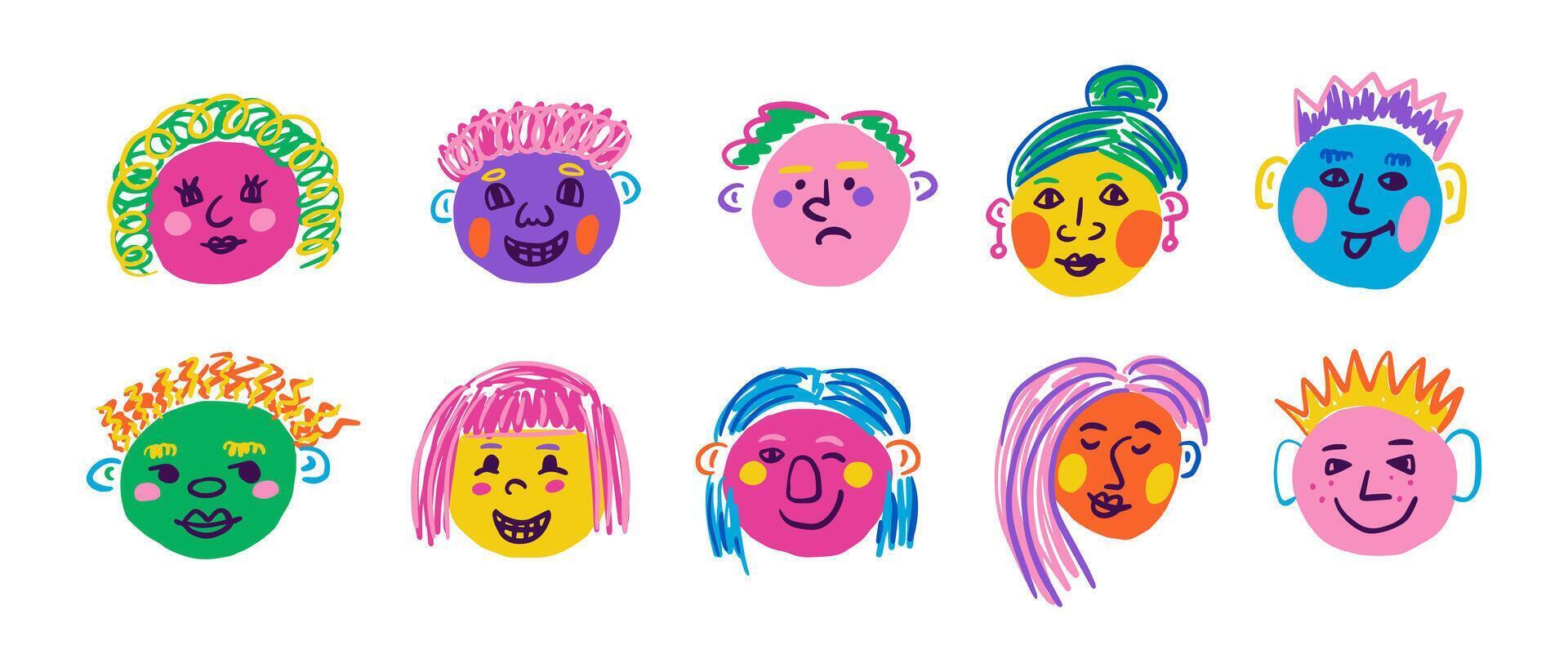 People colorful face set. Funny portraits, modern abstract character in doodle style. Vector hand drawn illustration