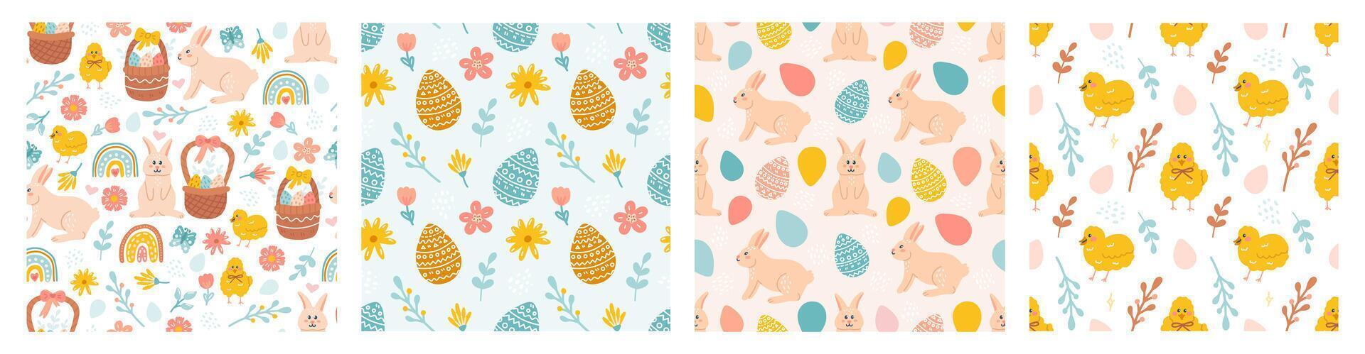 Happy Easter. Vector seamless pattern set. Rabbit, Easter eggs, flowers and chickens