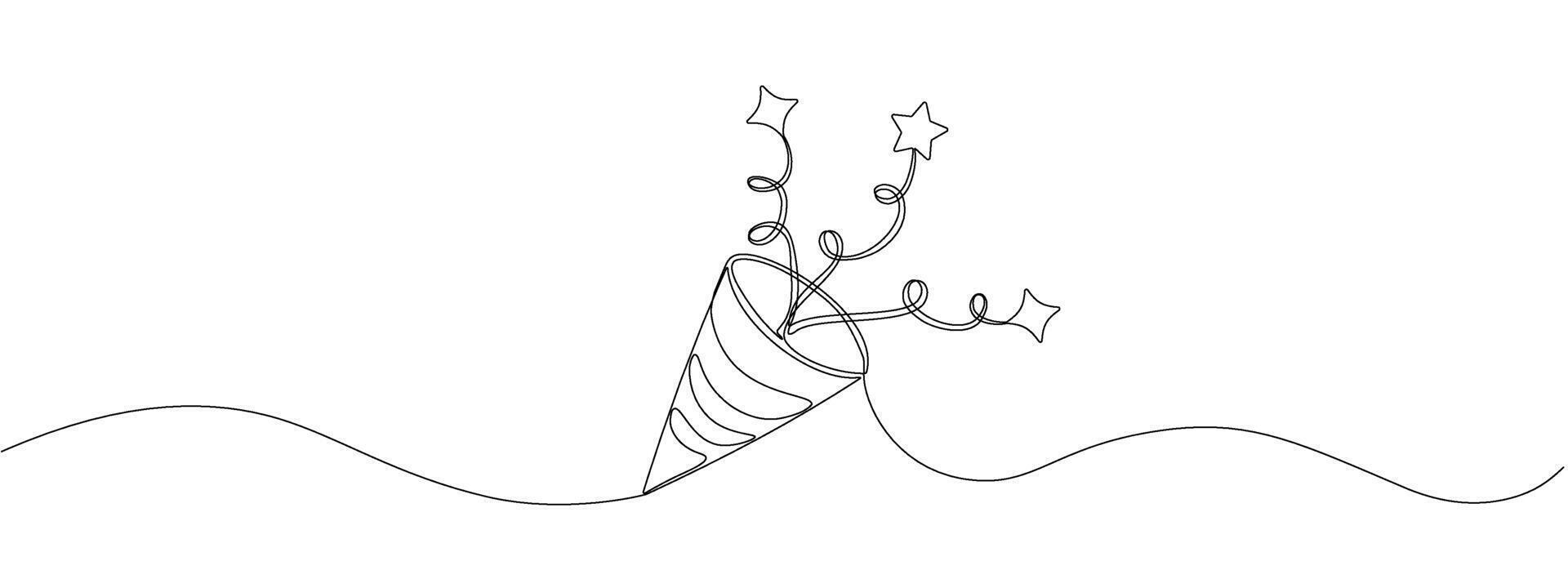 Drawing of continuous single editable line of holiday clapper with confetti with streamers and stars. Symbol of fun, celebration, surprise.  Vector illustration in doodle style