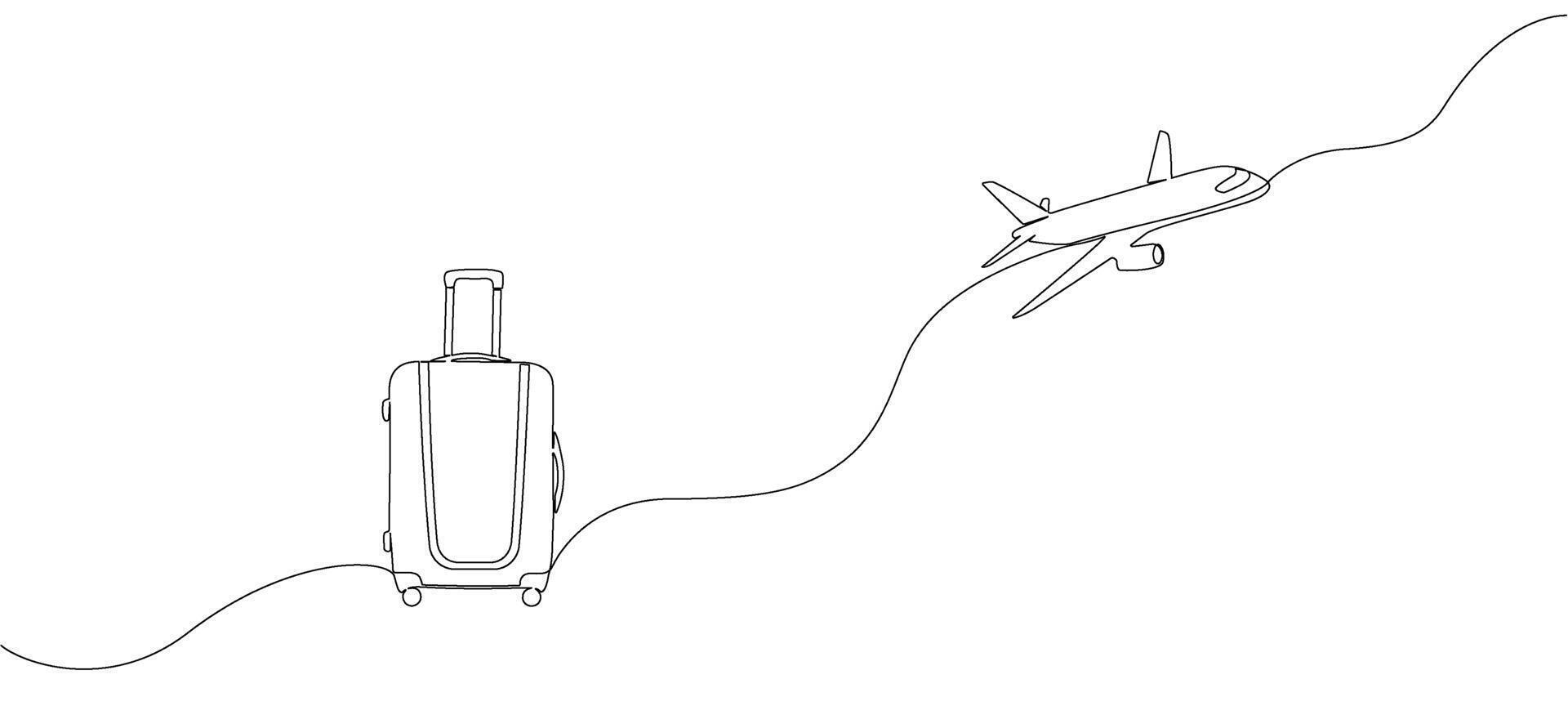 Suitcase and airplane drawn with one editable line. Continuous single line drawing on travel theme. Vacation concept, air travel with luggage. Banner on the theme of traveling. Vector illustration.